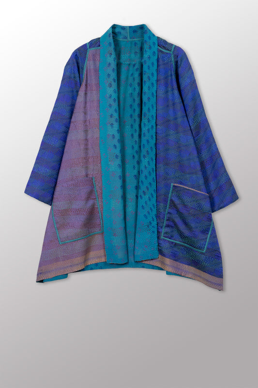 GEORGETTE JACQUARD VINTAGE SILK PATCH KANTHA A-LINE JACKET - gj2003-0003a -
