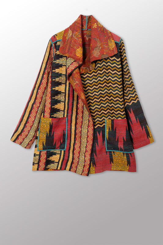 VINTAGE SILK GEORGETTE COTTON KANTHA POCKET JKT - gc2002-0015a -