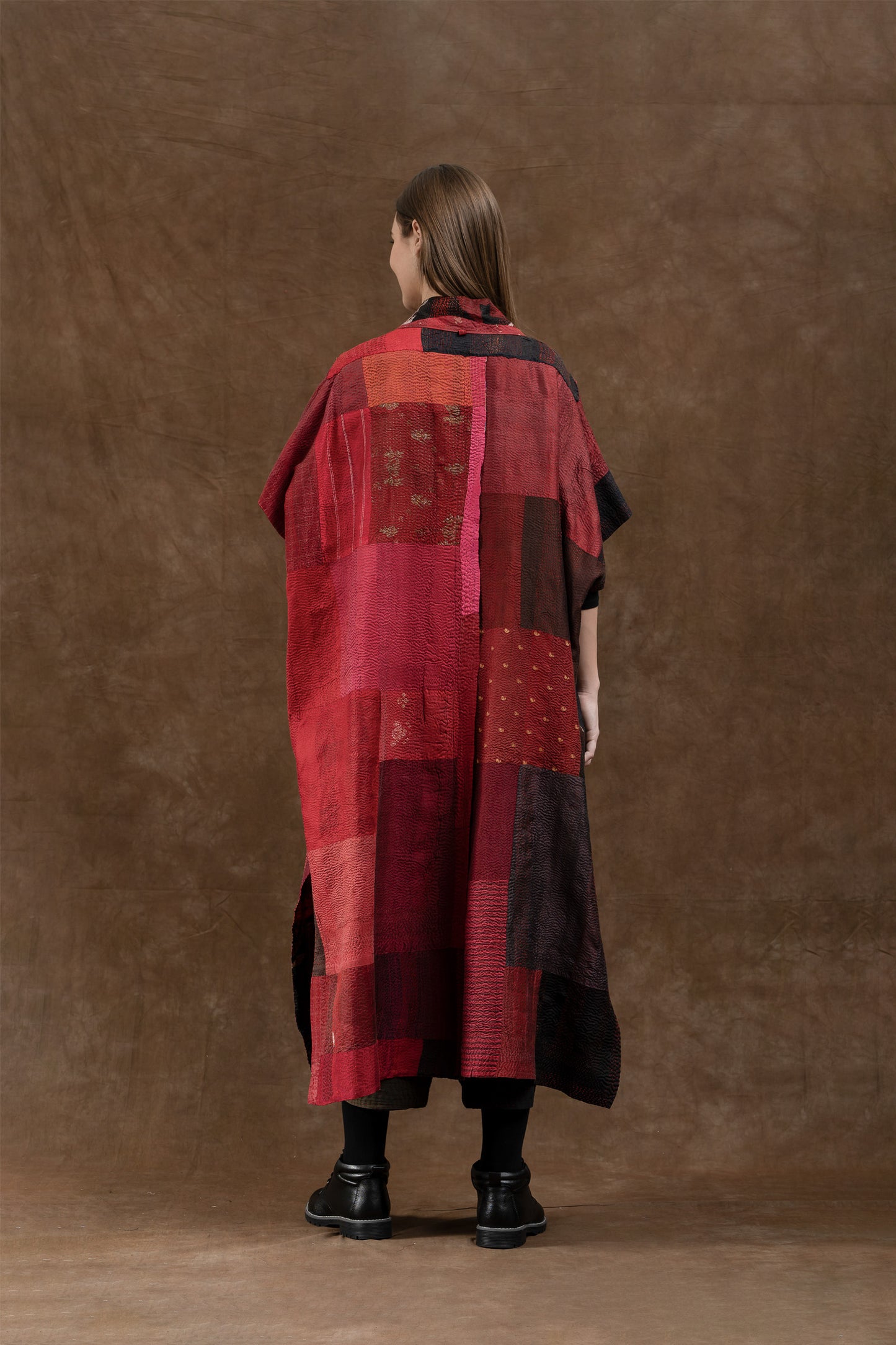 VINTAGE SILK PATCH KANTHA PONCHO DRESS - vp2443-red -