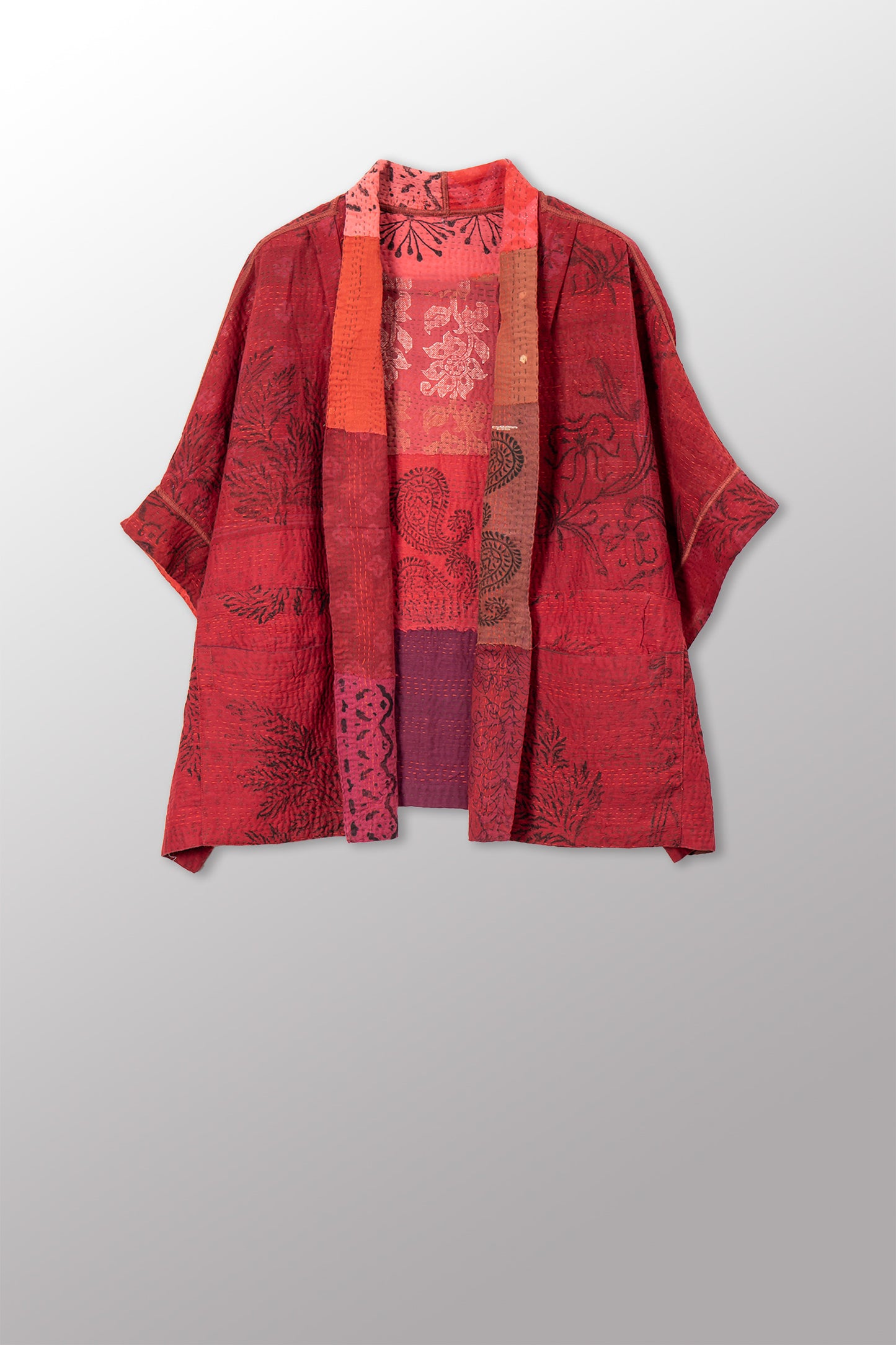 LANDSCAPE FRAYED PATCH KANTHA WITH STAMP MINI PONCHO - sp-lf2060-red -