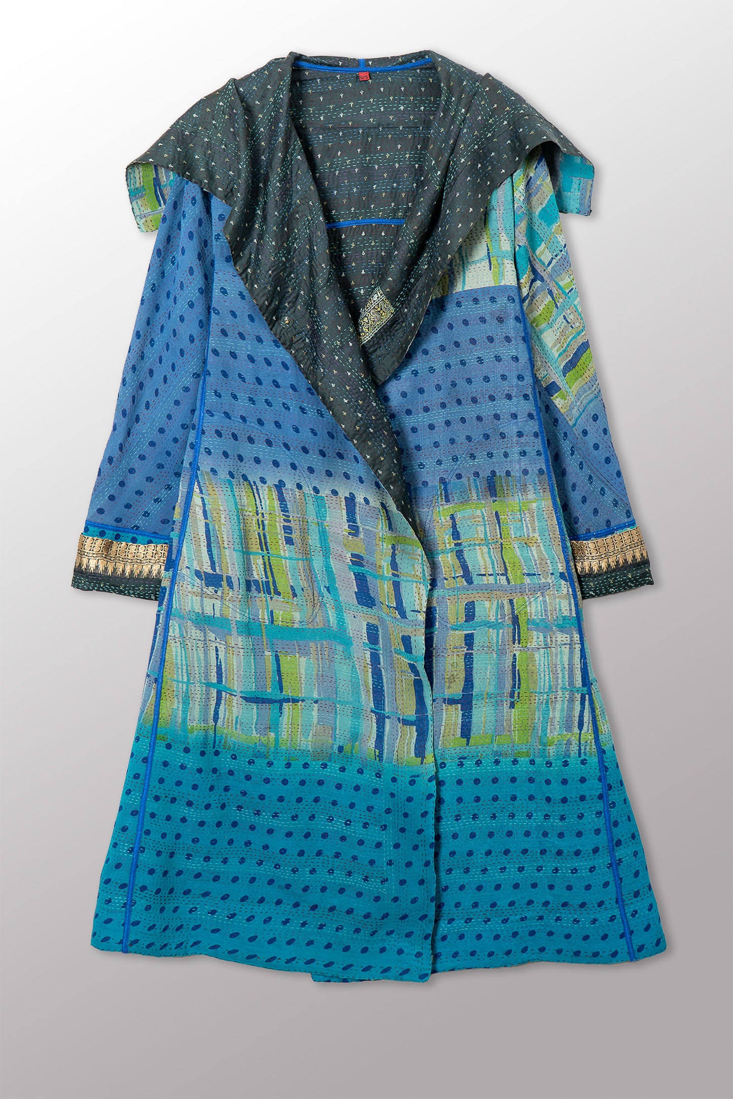 VINTAGE SILK GEORGETTE KANTHA A-LINE LONG COAT - sg2302-0002a -