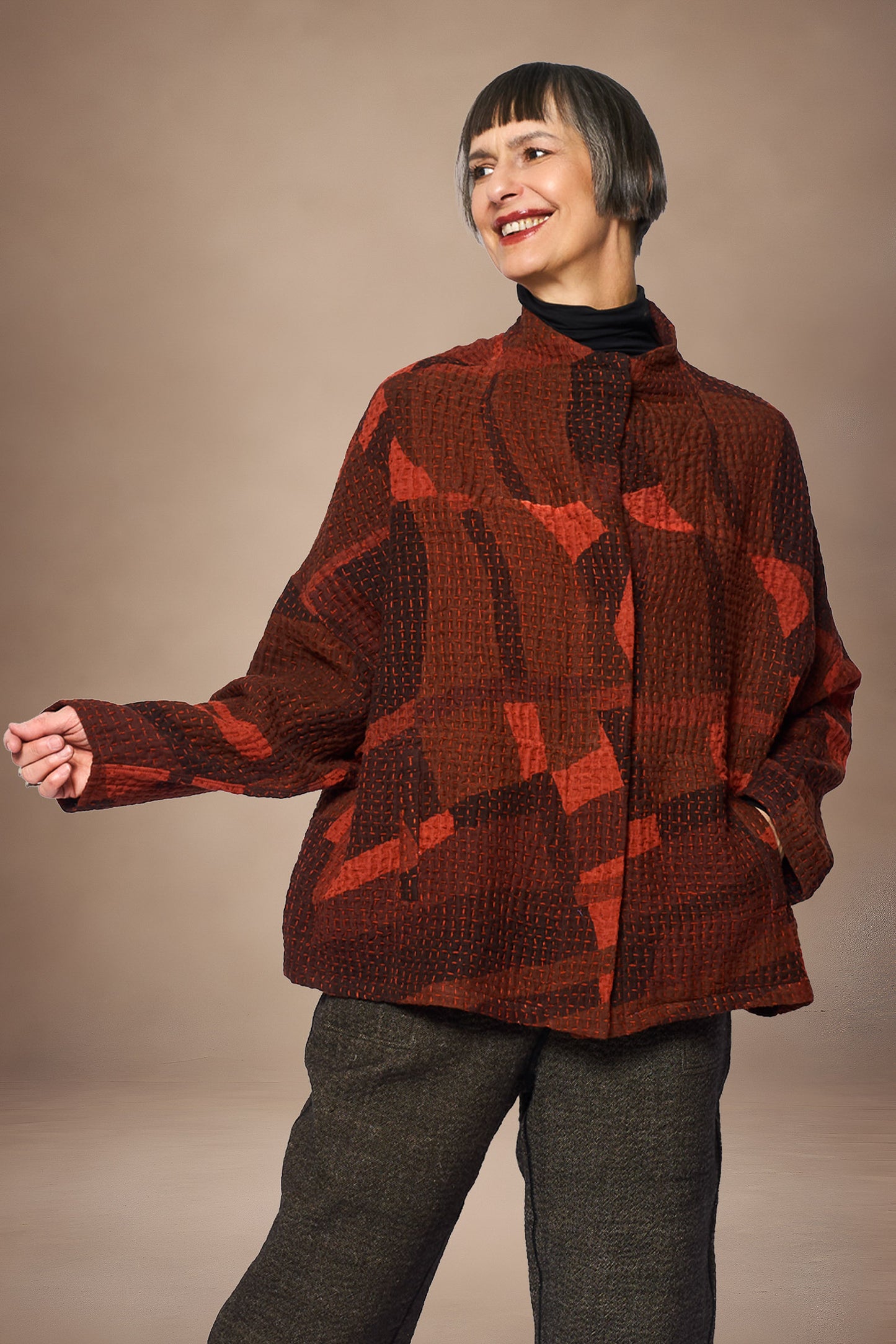 ABSTRACT WAFFLE KANTHA FUNNEL NECK JACKET - bw3j102-org -