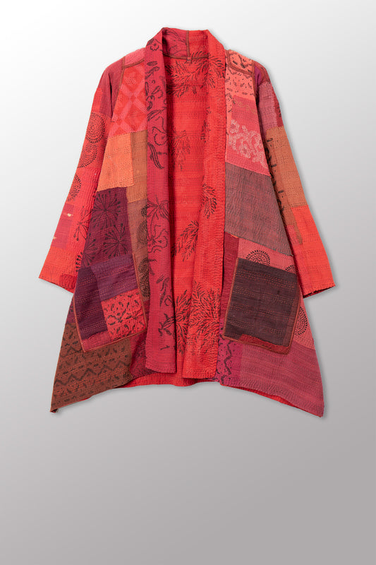 LANDSCAPE FRAYED PATCH KANTHA WITH STAMP A-LINE JKT - sp-lf2003-red -