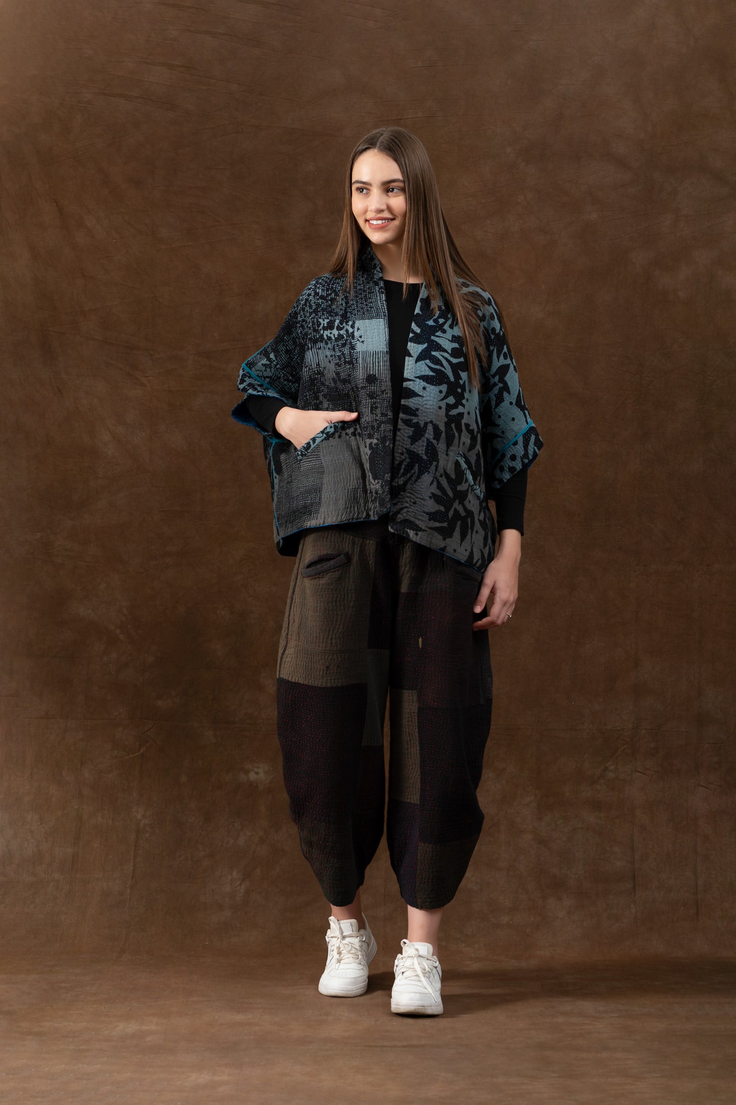 MONOTONE TWILIGHT PRINT KANTHA MINI PONCHO - tp4060-blu -