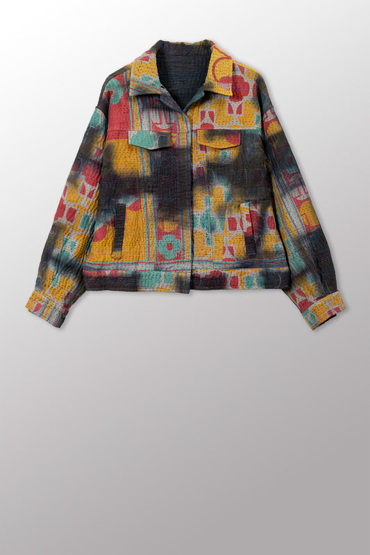 VINTAGE COTTON GREY CLAMP TIE DYE KANTHA OVERSIZED TRUCKER JACKET - su4j107-0001s -