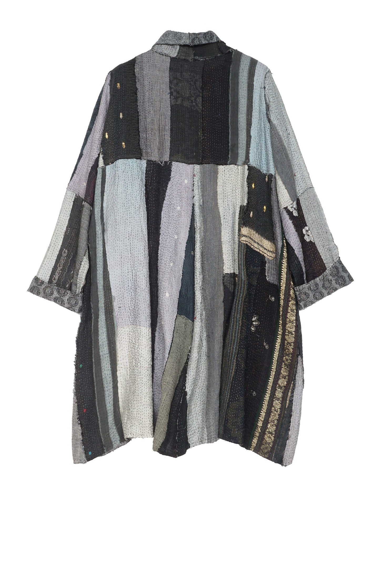 STRIPE FRAYED & HANDWOVEN KANTHA A-LINE DUSTER - ft2311-blk -