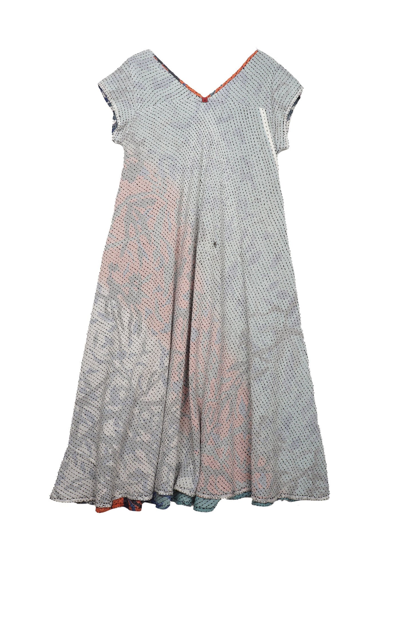 SUMMER BREEZE PRINT KANTHA CAP SLV. FLARE DRESS - sz2425-blu -