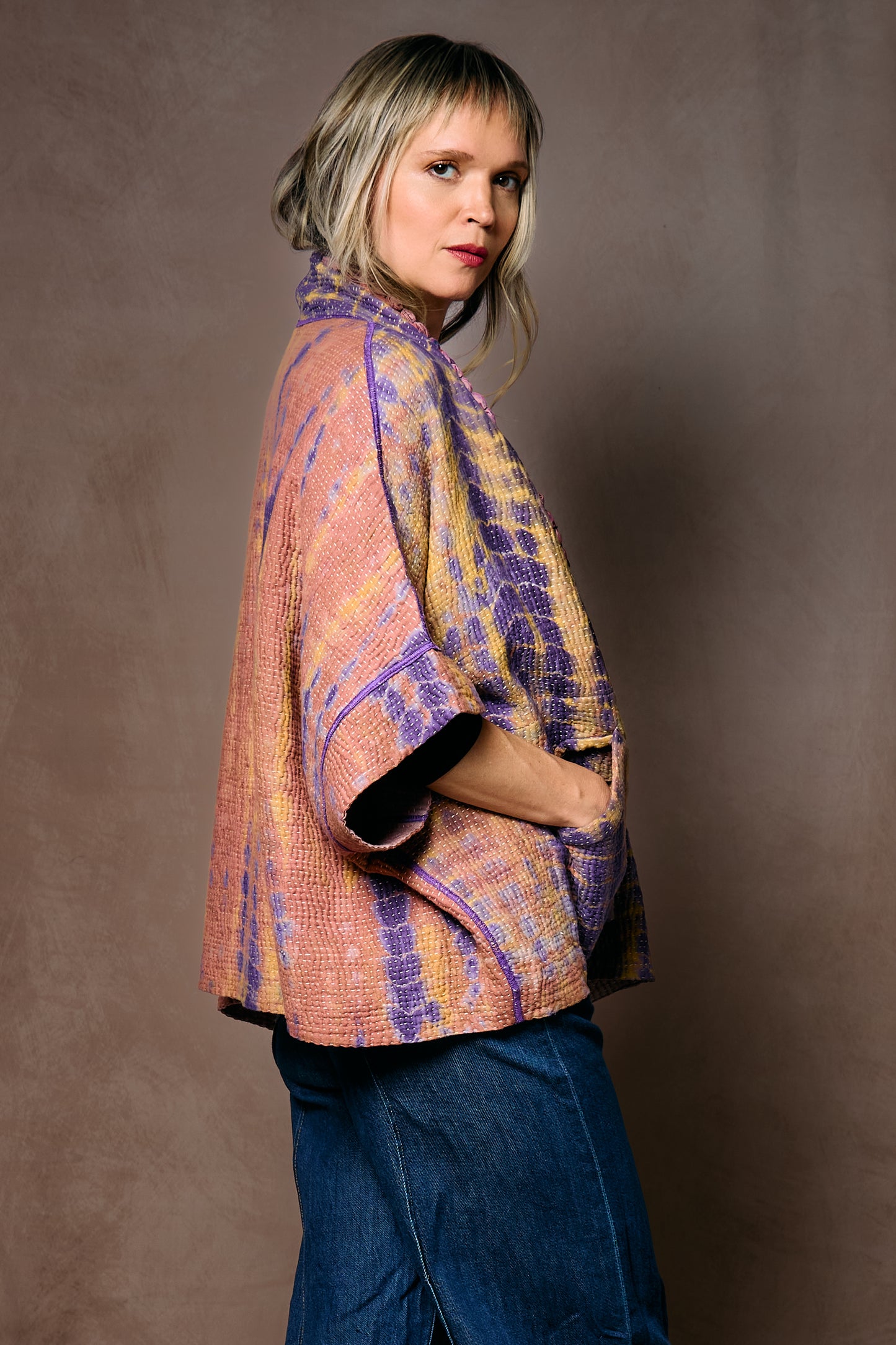 MONE SHIBORI TIE DYE KANTHA MINI PONCHO - ms5060-prp -
