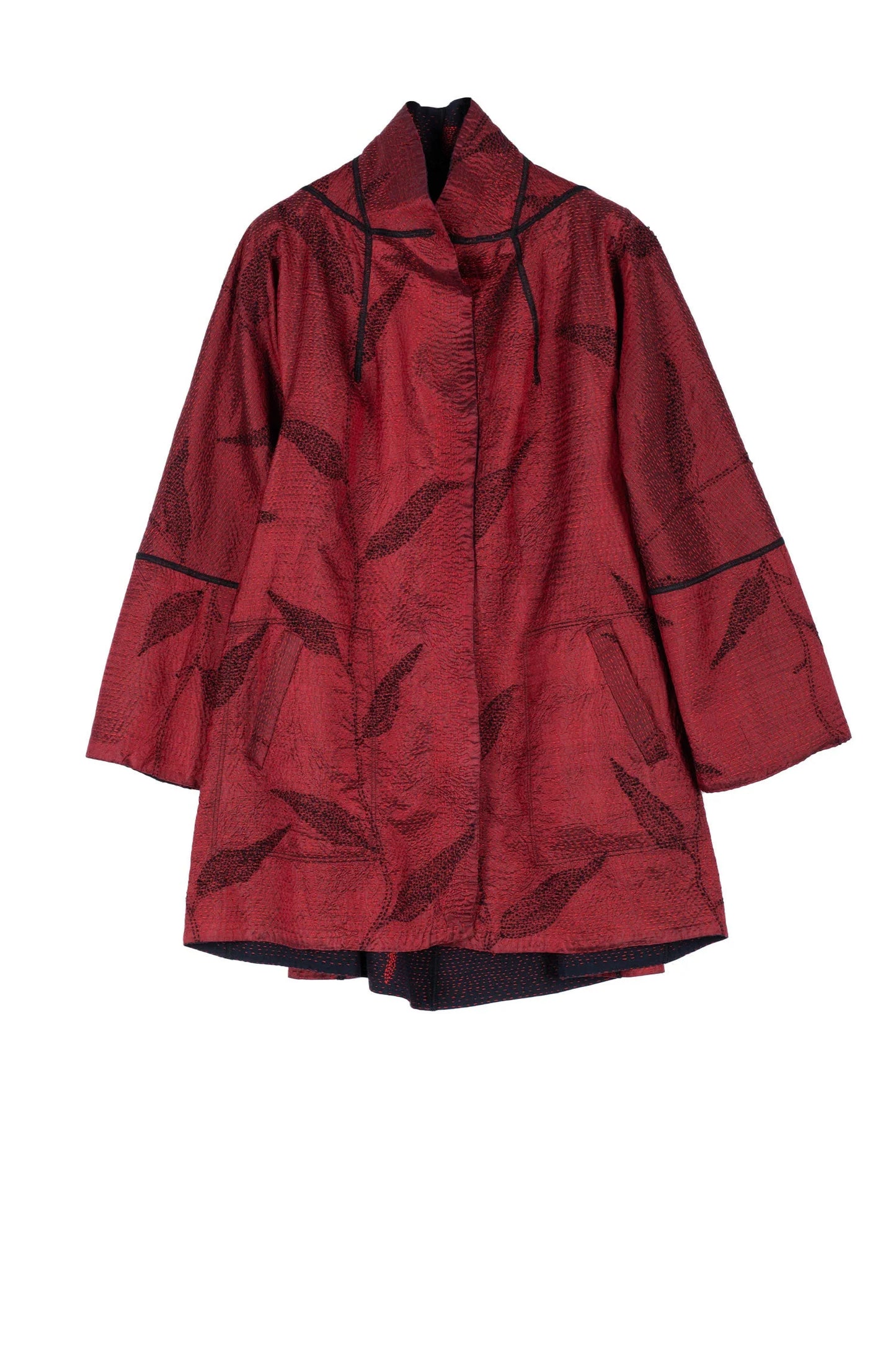 NIGHT BAMBOO SILK COTTON KANTHA FLARE LONG JKT - nb2021-red -