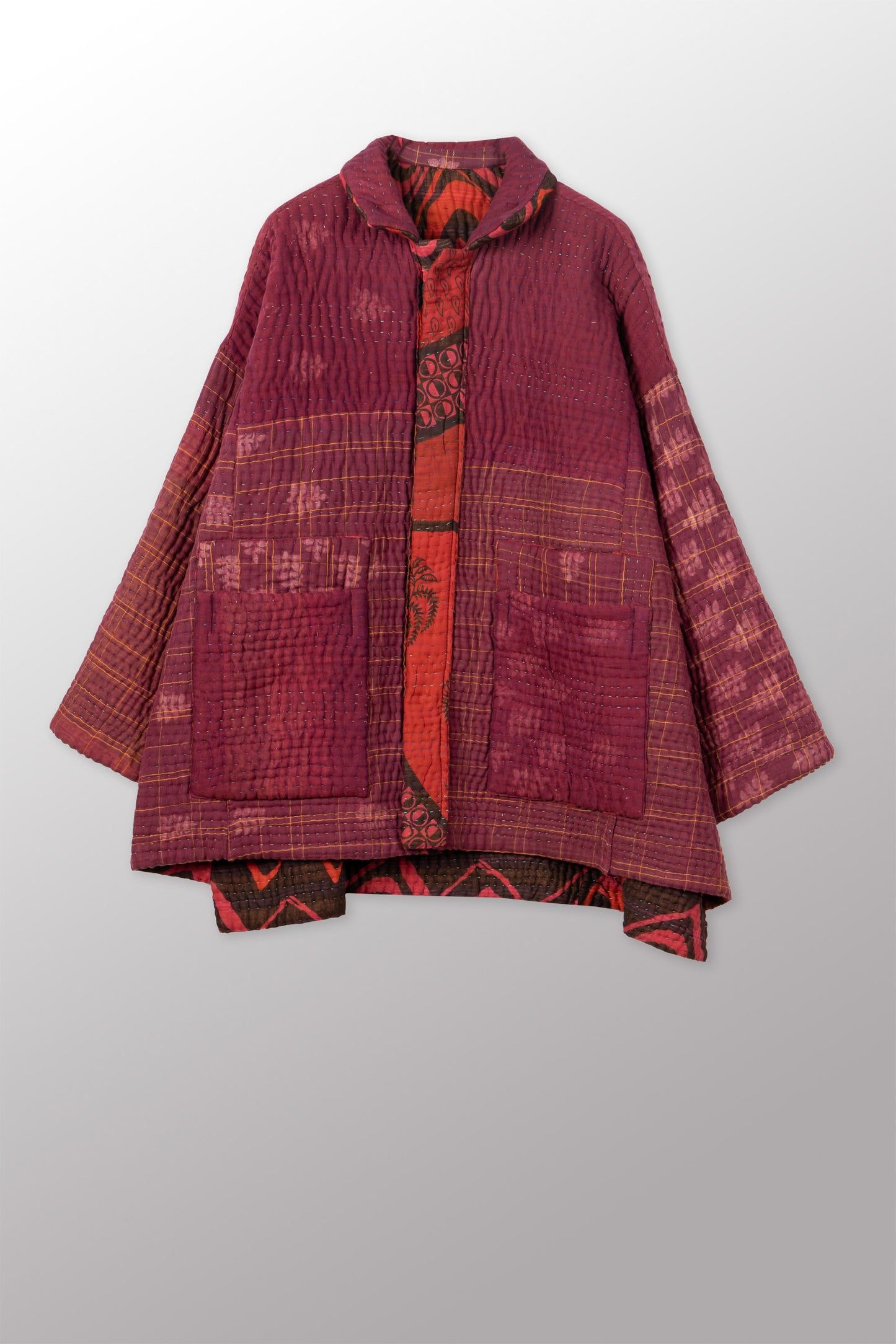QUILTED OVERDYE COTTON KANTHA OVERSIZED MINI COAT - oq5332-cred001a -