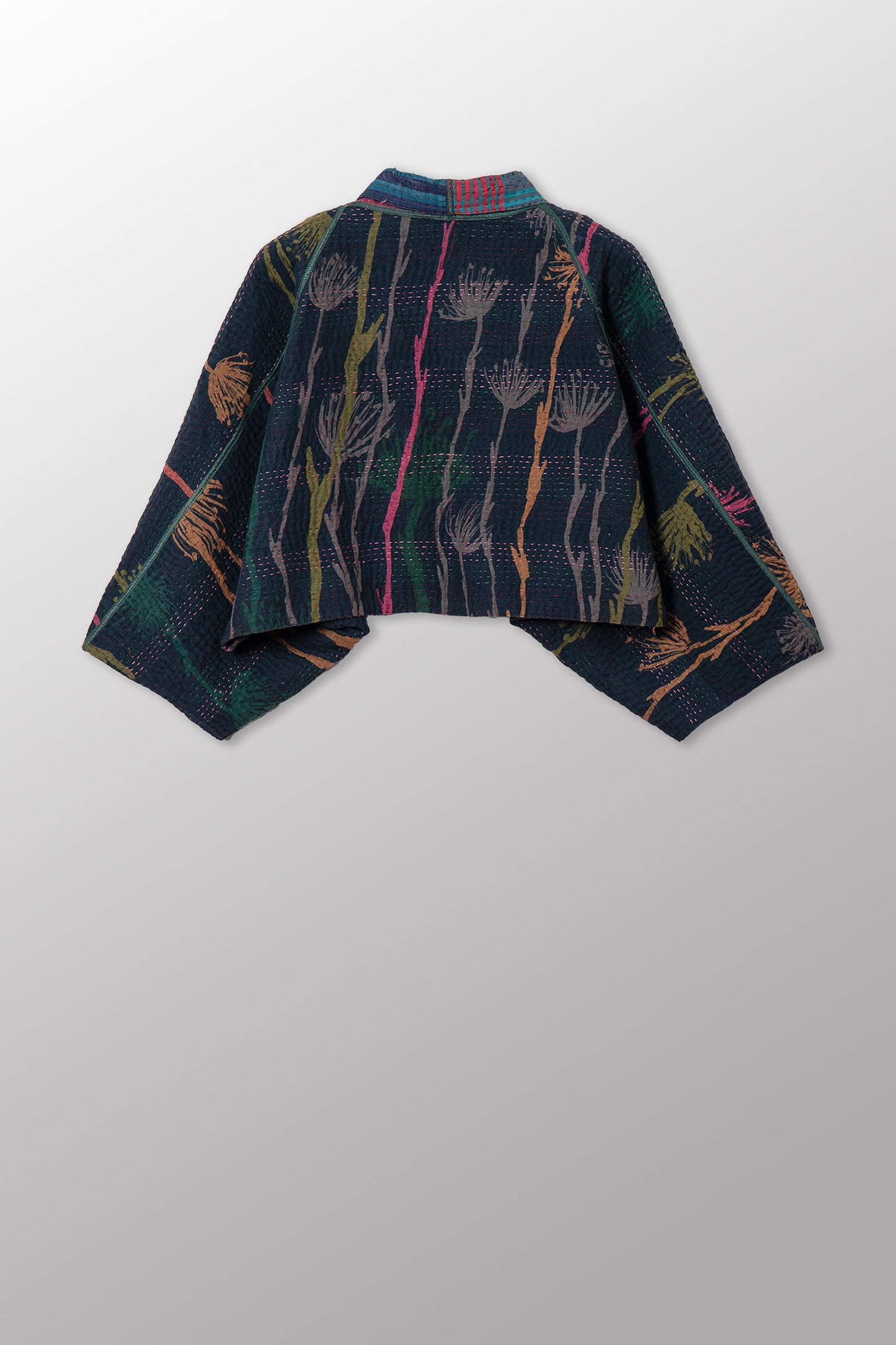 FLOWER PRINT WITH CHECKERED PATCH PUFF SLV. SHRUG - fc4062-blk -