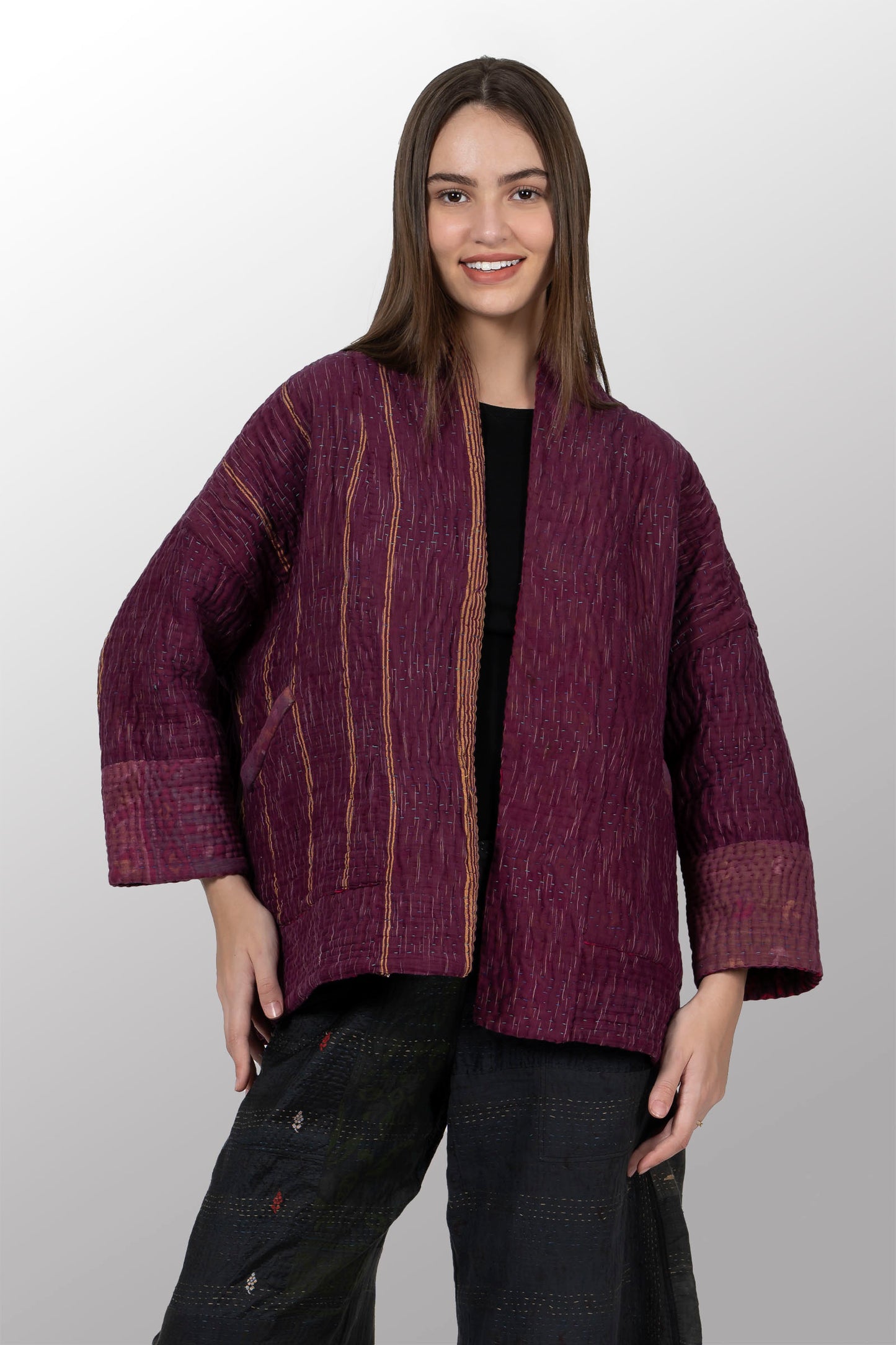 QUILTED OVERDYE COTTON KANTHA BIG POCKET JACKET - oq5057-cred001a -