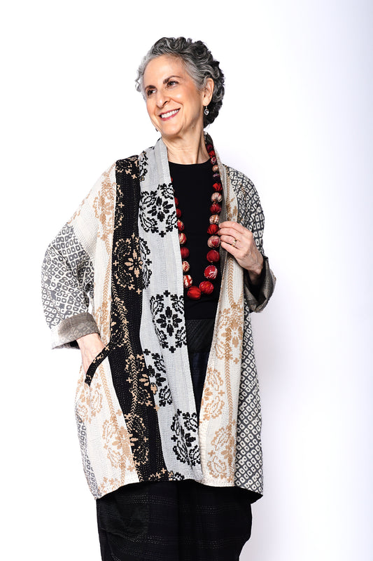 KIMONO COTTON KANTHA HAORI JACKET - kc2068-gry -