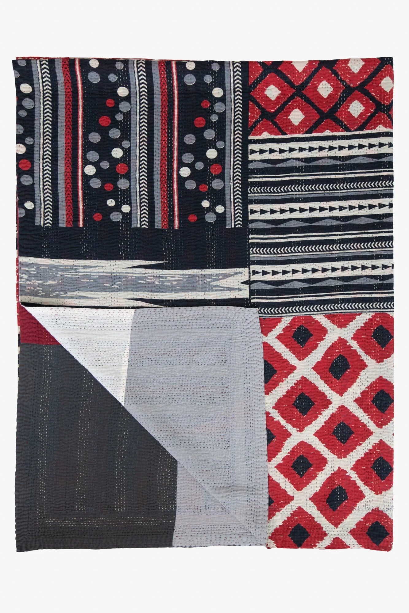 Monotone Ikat Handmade Vintage Kantha Quilts & Bed Cover - Red