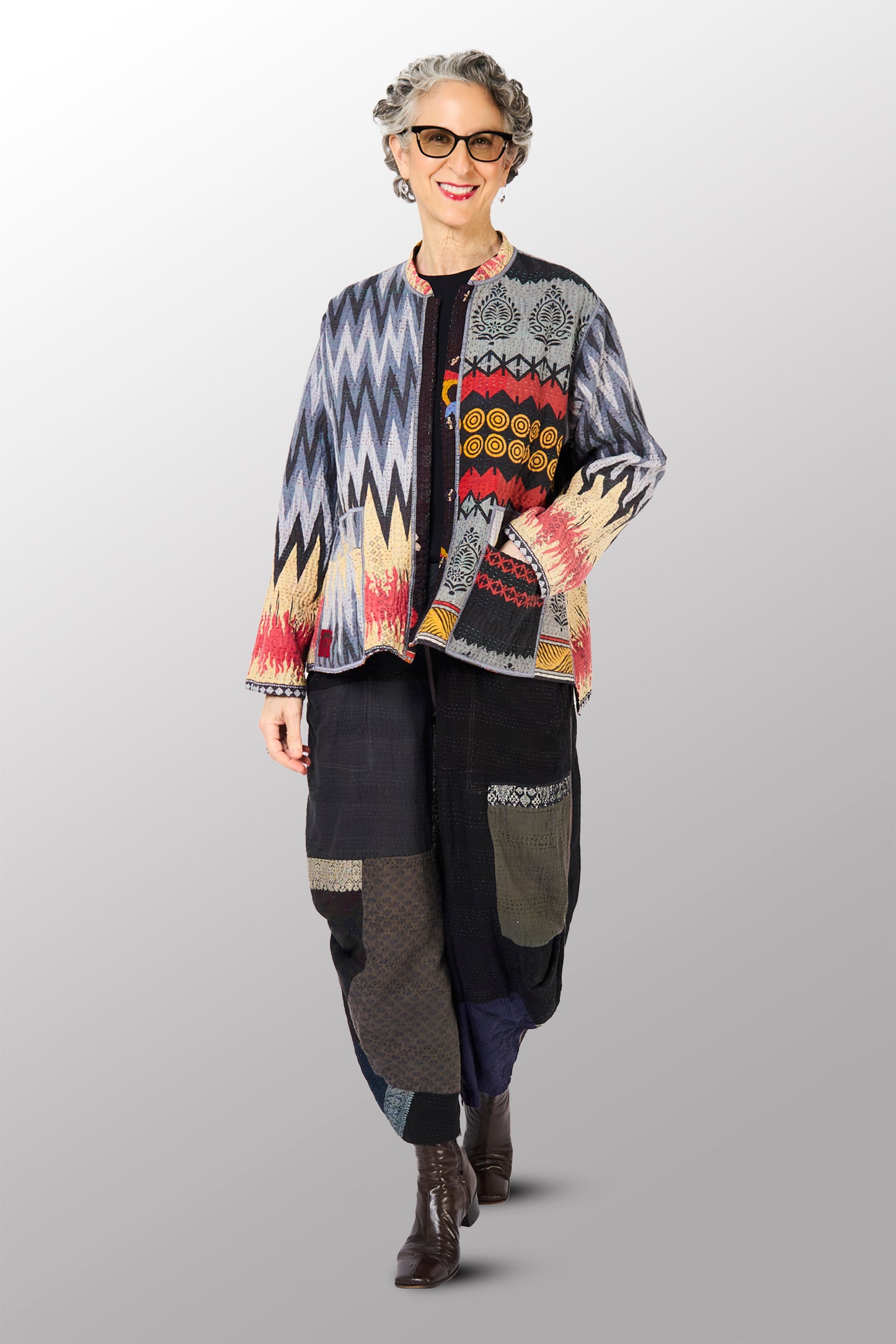 VINTAGE COTTON KANTHA KAFTAN JACKET SHORT - cv4088-0007s -