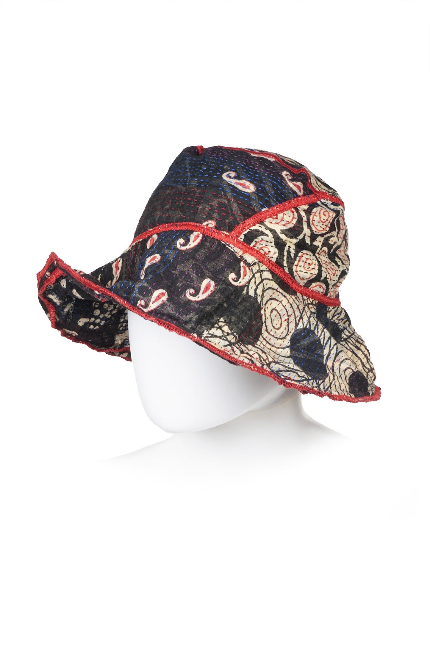 PATCHED PRINT KANTHA CIRCULAR CUT BRIM HAT - pp2882-blk -