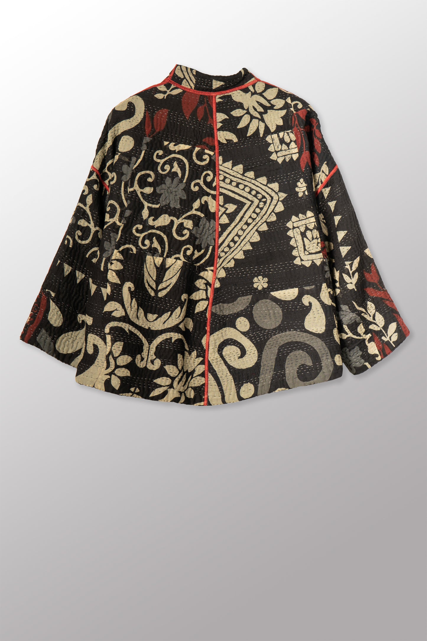 BLACK AND WHITE PRINT PATCH KANTHA STAND COLLAR CROPPED JACKET - pn4034-red -