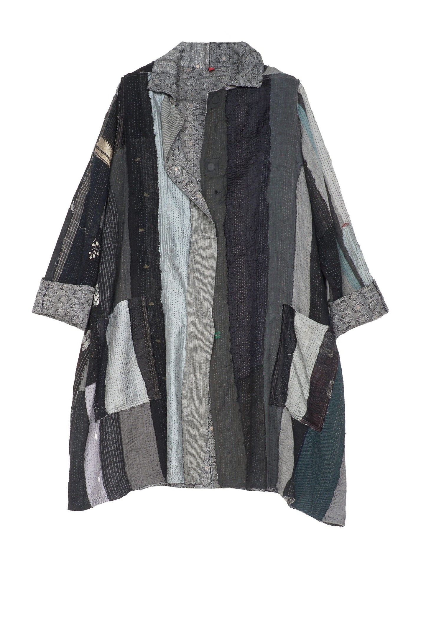 STRIPE FRAYED & HANDWOVEN KANTHA A-LINE DUSTER - ft2311-blk -