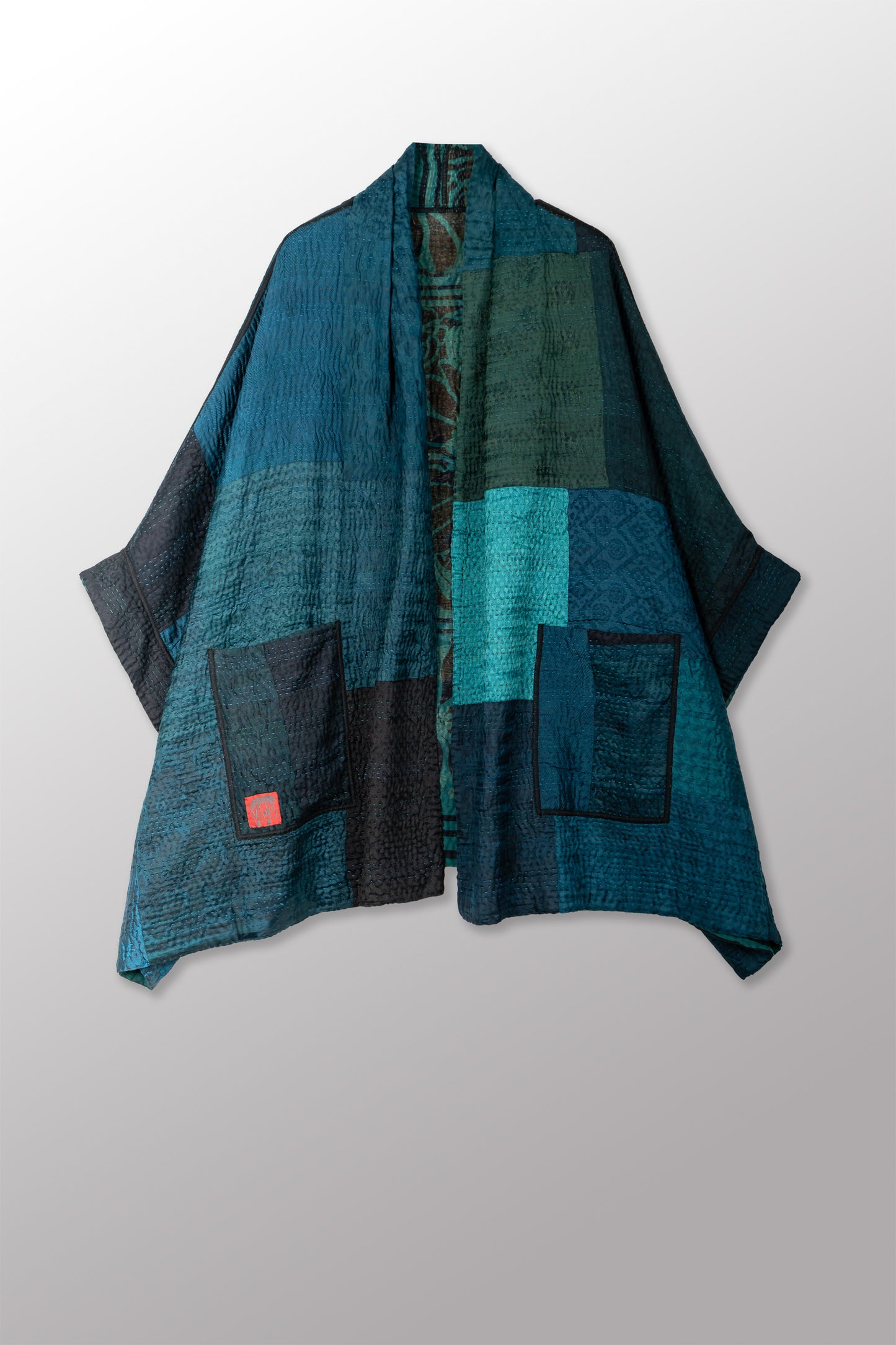 EMERALD GREEN KANTHA DOUBLE COLLAR PONCHO - eg4323-tel -