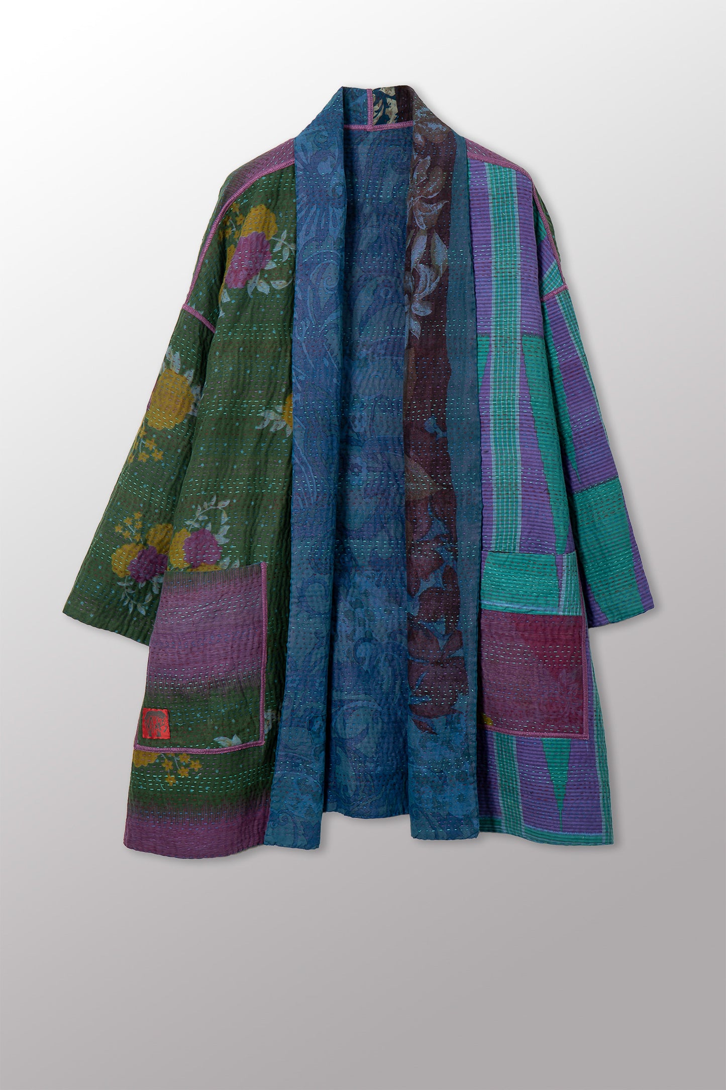 VINTAGE SILK GEORGETTE COTTON KANTHA HAORI JACKET - gc4068-0007a -
