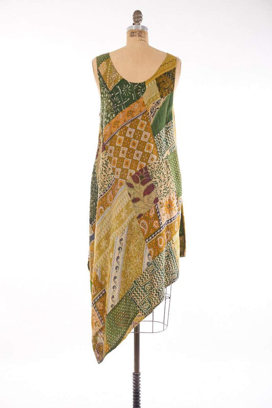 PATCHED PRINT KANTHA TANK FLARE DRESS - pp2402-grn -