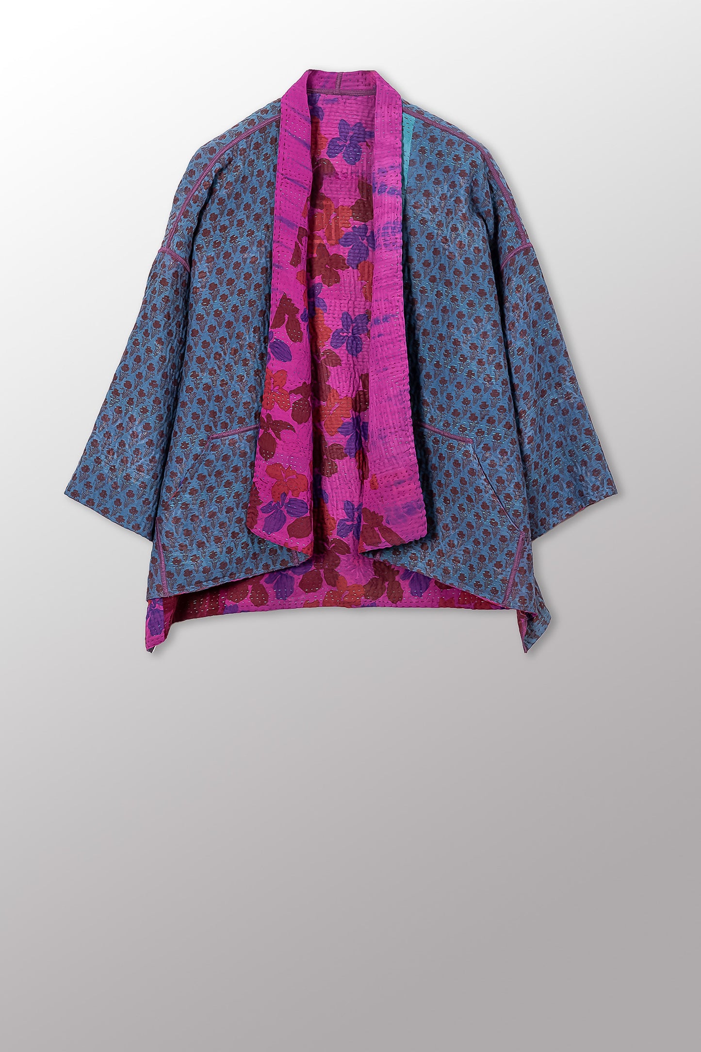 VINTAGE SILK GEORGETTE COTTON KANTHA MINI KIMONO JACKET - gc4055-0001a -