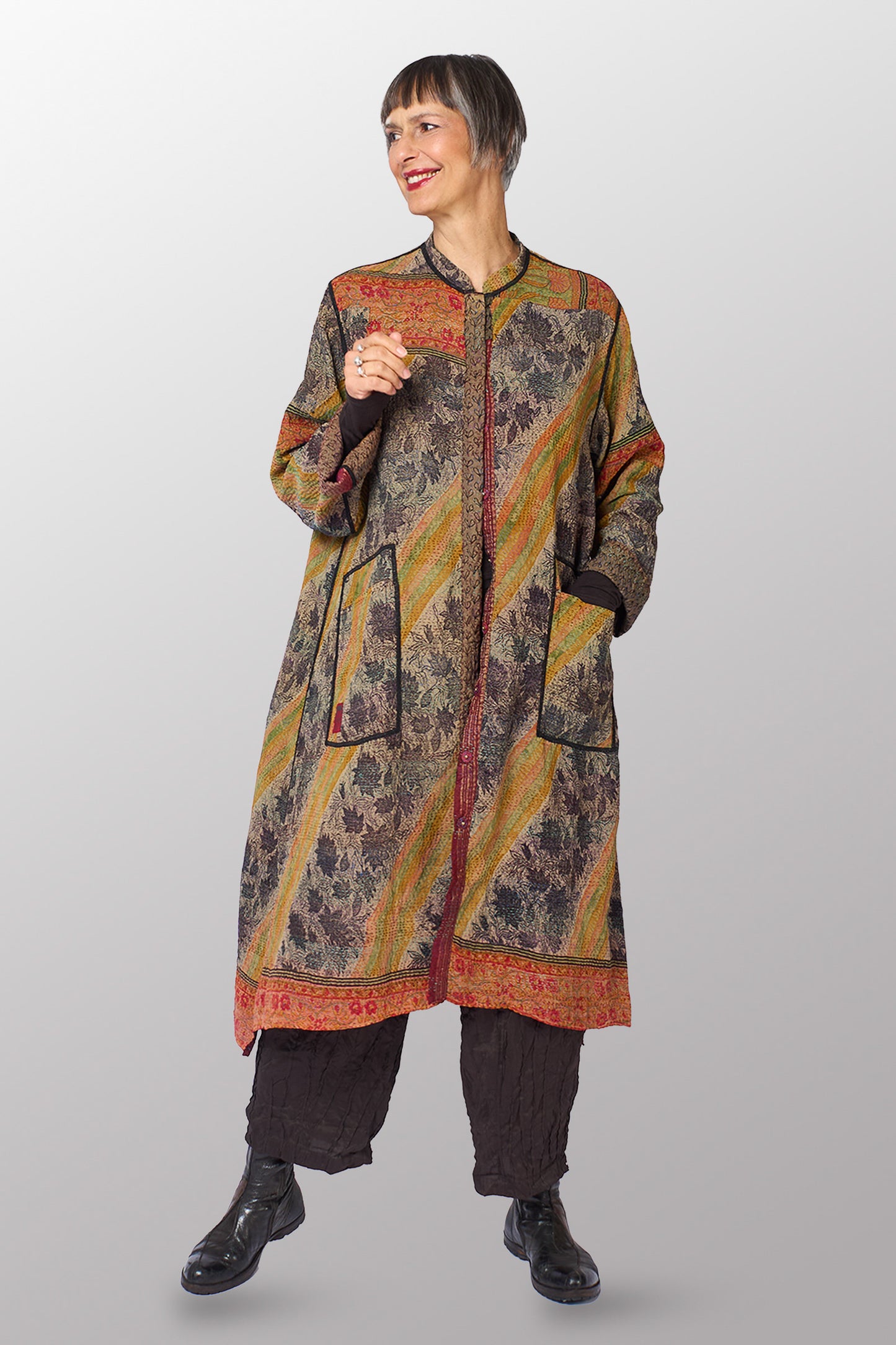 GEORGETTE JACQUARD VINTAGE SILK PATCH KANTHA KAFTAN COAT - gj2343-0001m -