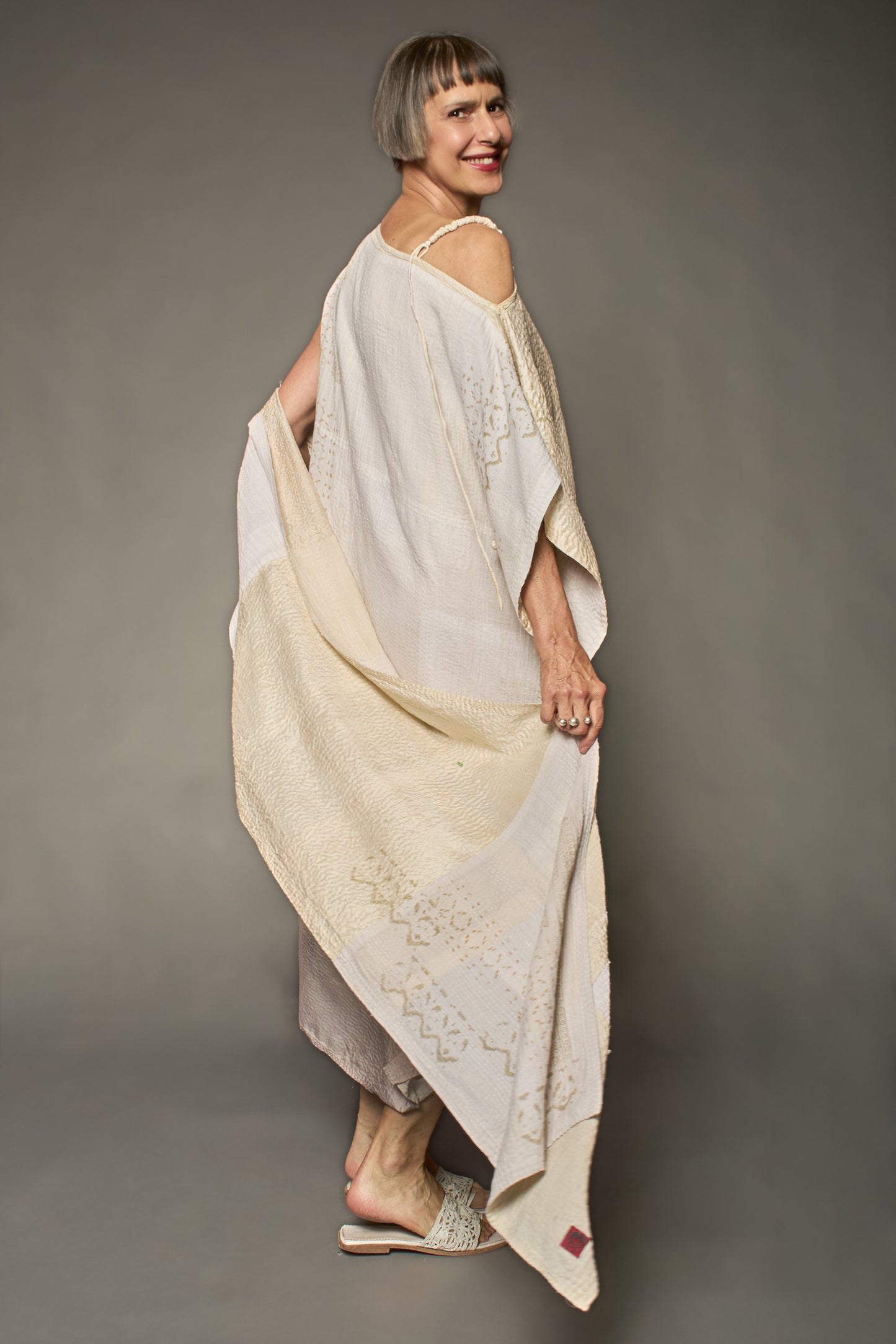 HALF SILK PATCH KANTHA ASYMMETRIC TUBE DRESS - hs2472-ivy -