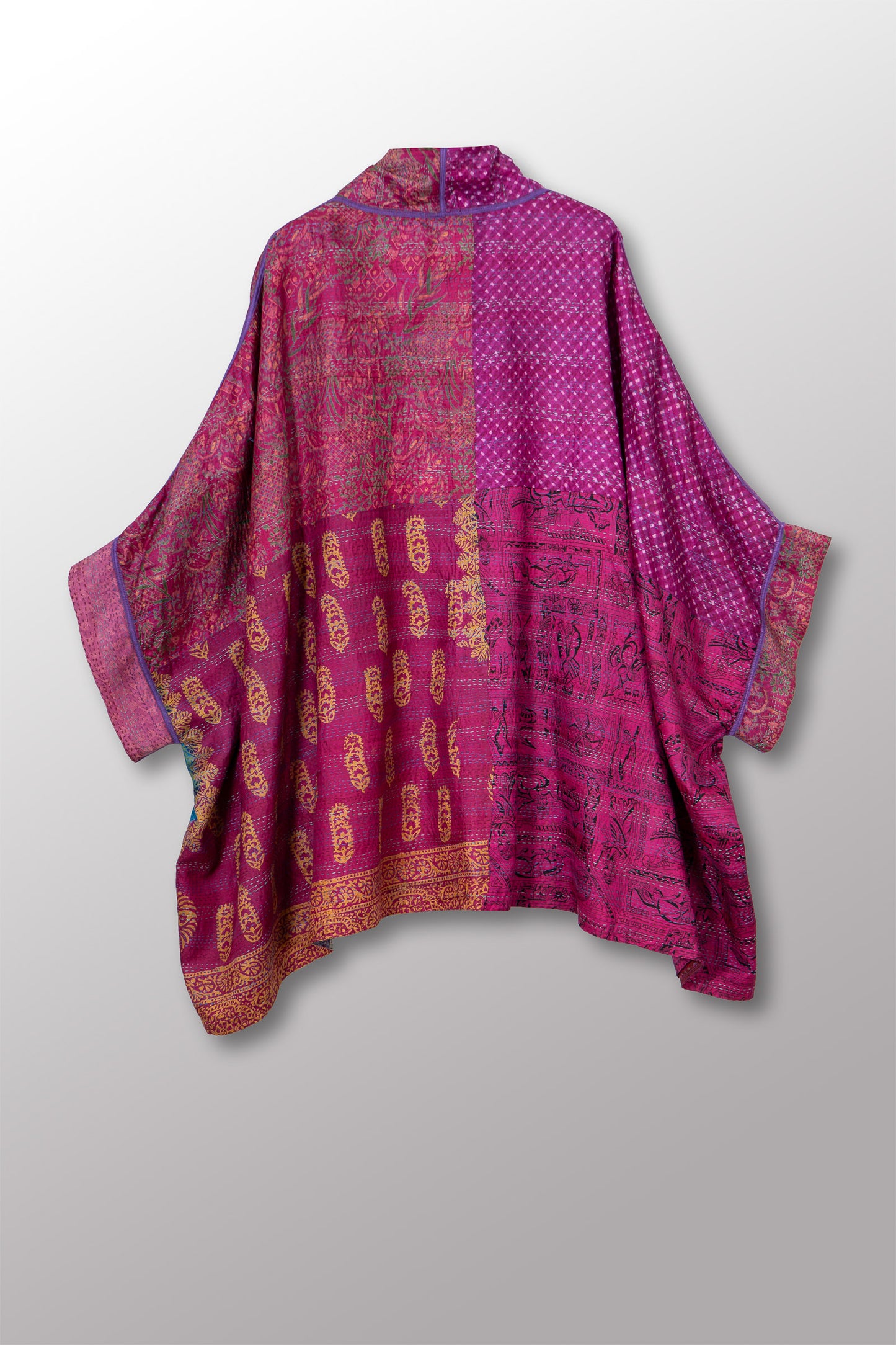 VINTAGE SILK KANTHA DOUBLE COLLAR PONCHO - sv2323-0018a -