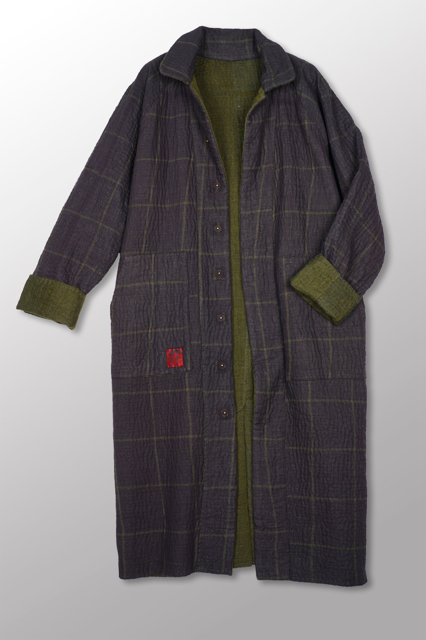 QUILTED VINTAGE COTTON WITH FLANNEL KANTHA RAGLAN SLEEVE COAT - fq5337-grn -