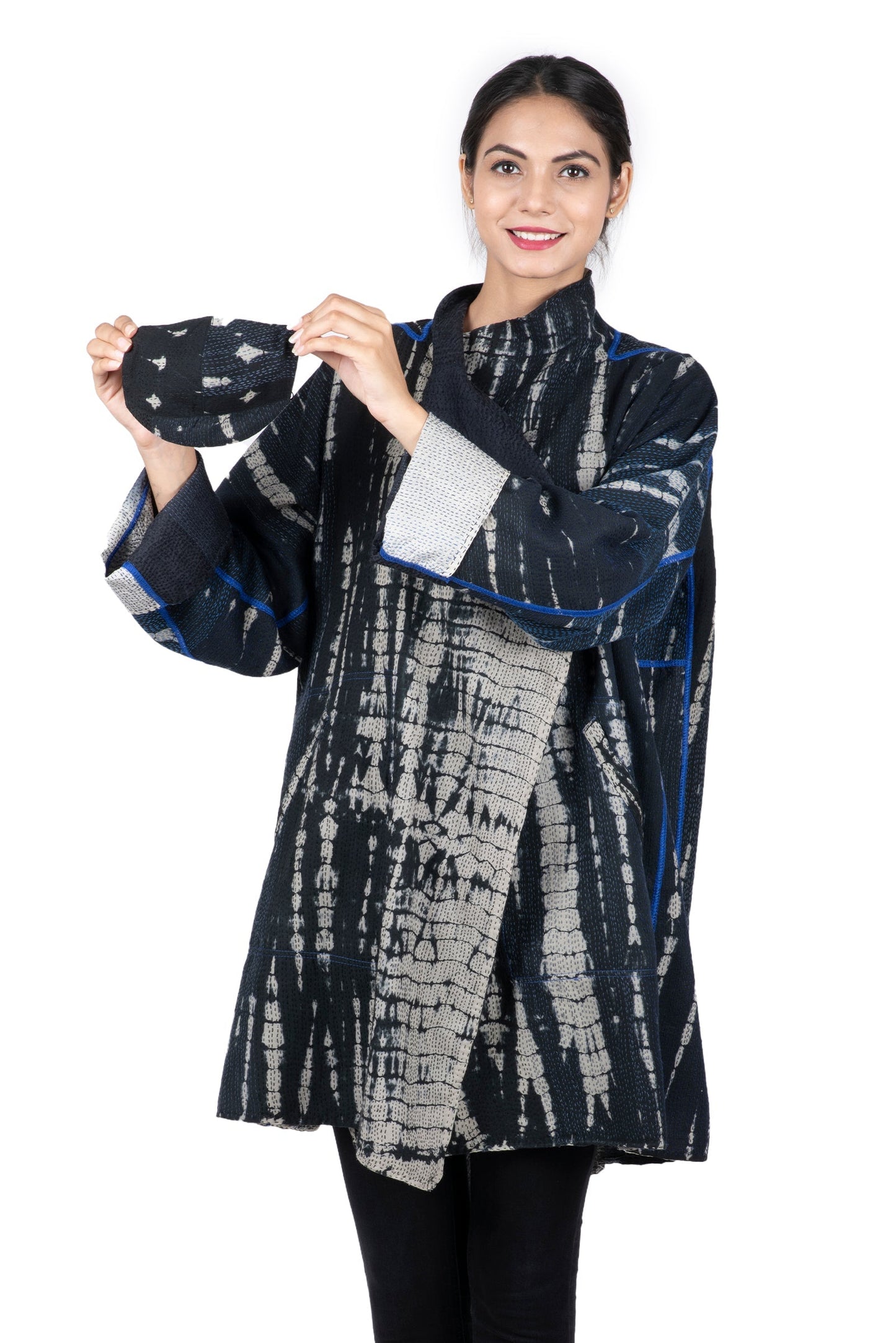 SERPENT PRINT KANTHA FUNNEL COLLAR COAT - sp2312-blk -