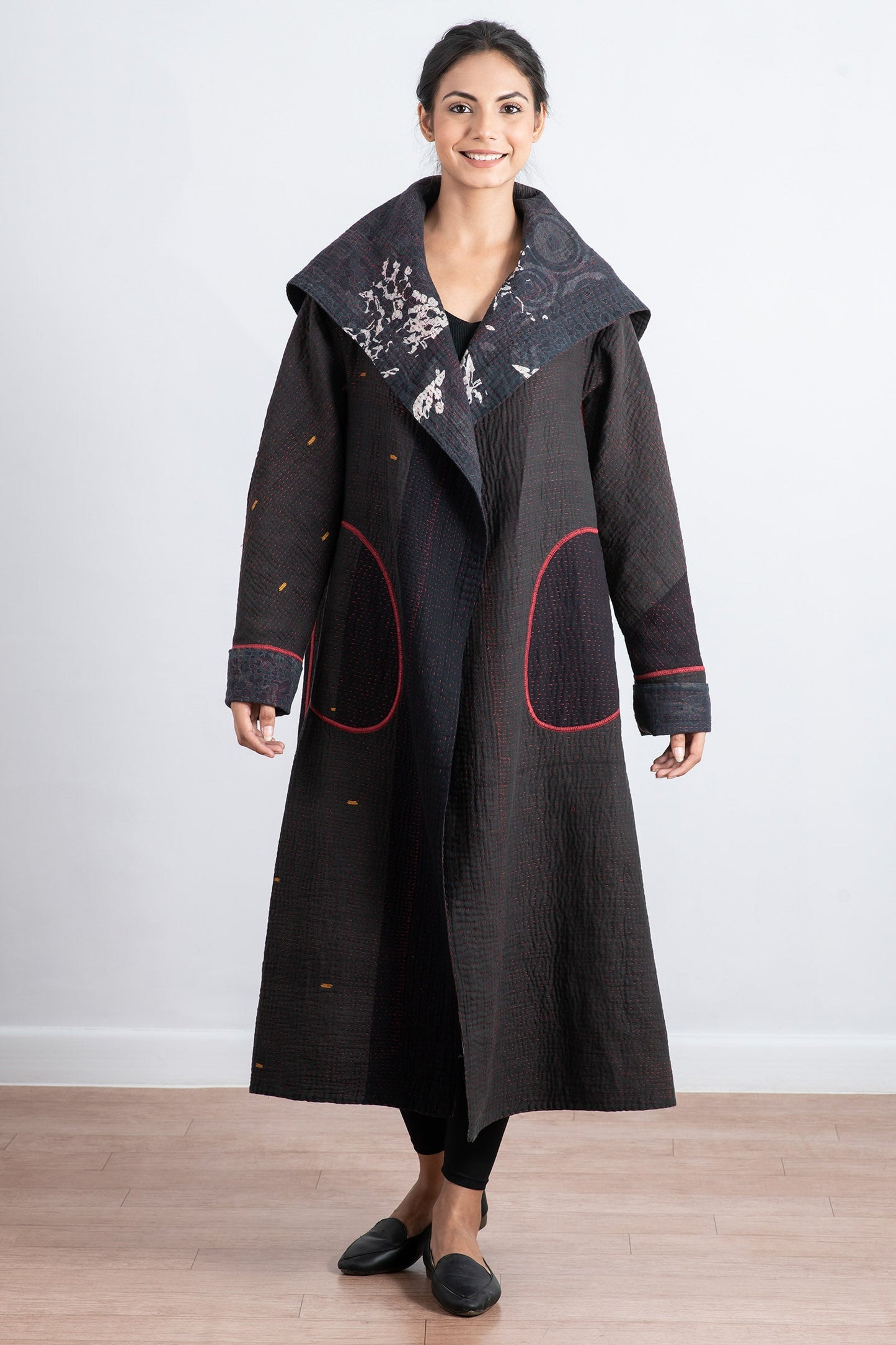 MONOTONE TWILIGHT PRINT KANTHA A-LINE LONG COAT - tp4302-red -