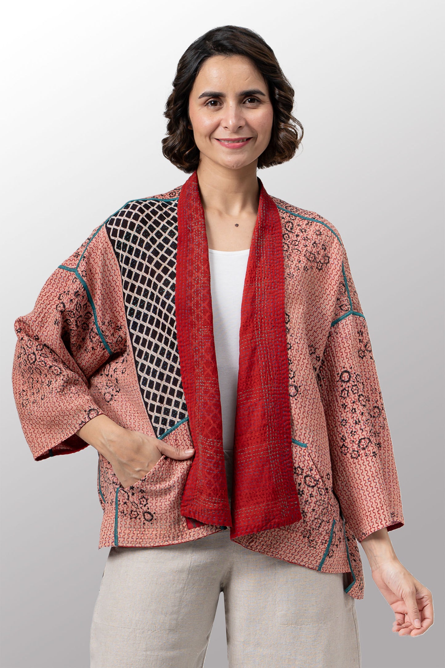 VINTAGE SILK GEORGETTE COTTON KANTHA MINI KIMONO JACKET - gc2055-0001a -