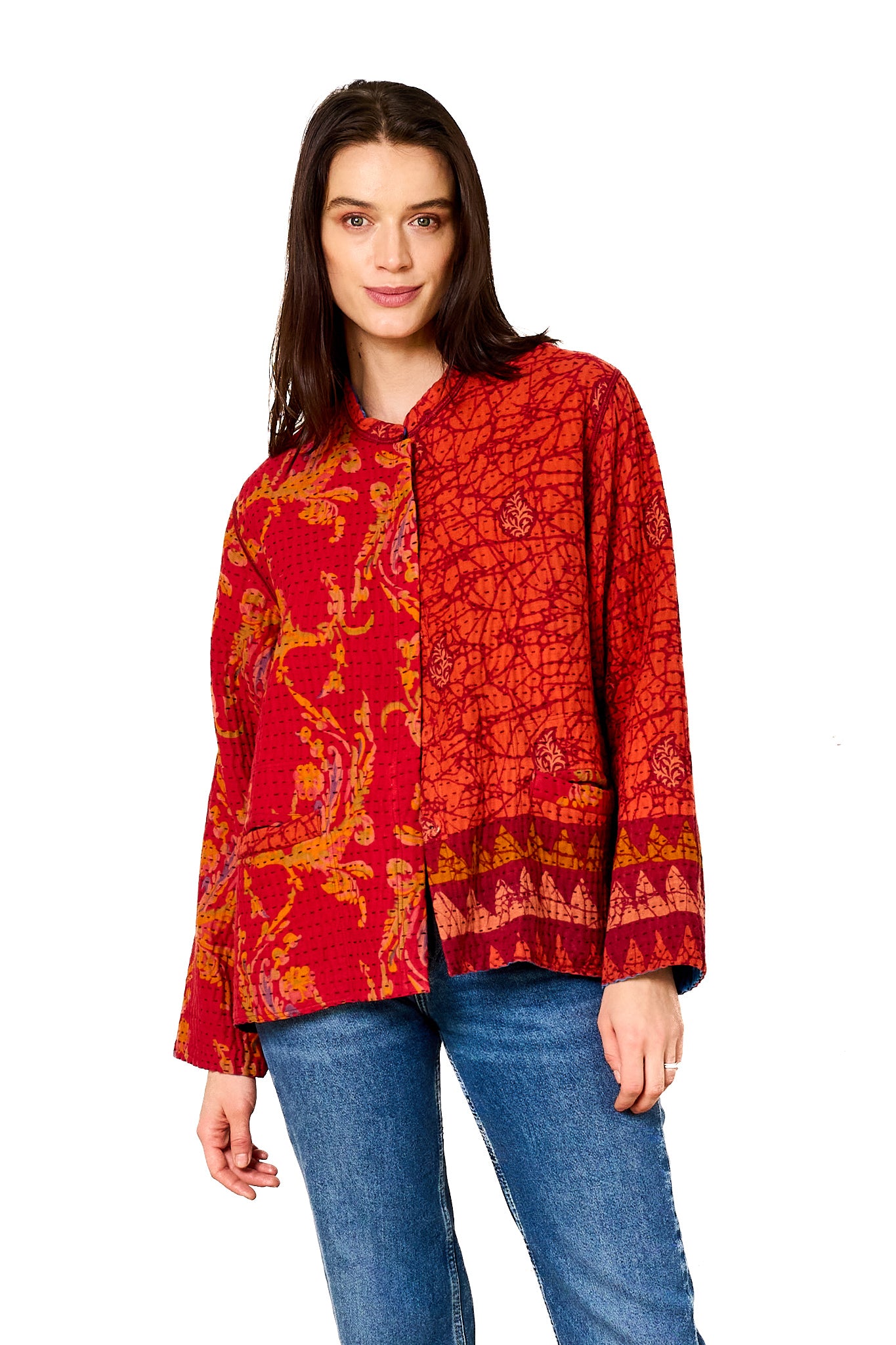 VINTAGE COTTON BBK KANTHA KAFTAN JACKET SHORT - bb4088-0001s -