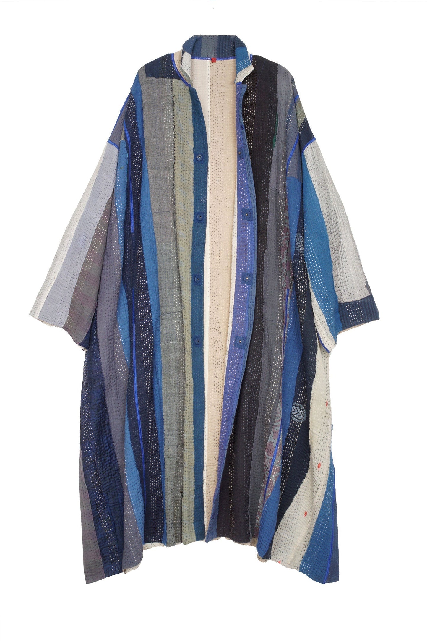 COTTON STRIPE PATCH KANTHA OVERSIZED COAT - cs4326-blu -