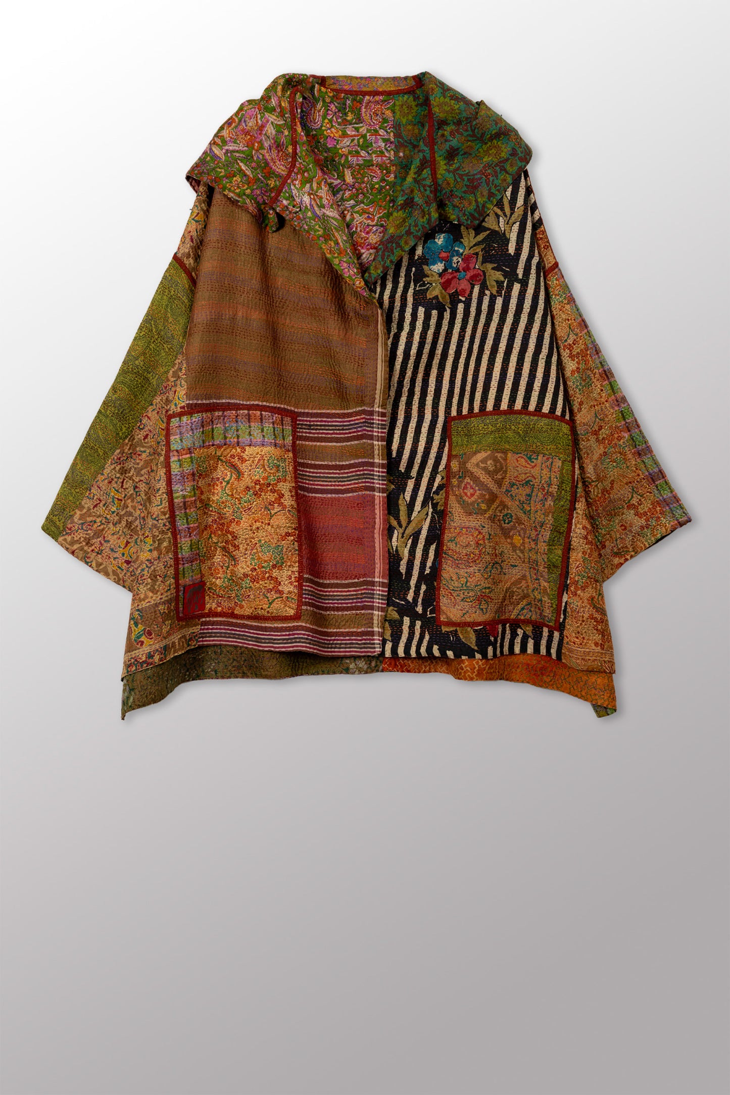 VINTAGE SILK KANTHA HOODIE PONCHO - sv2064-0004a -