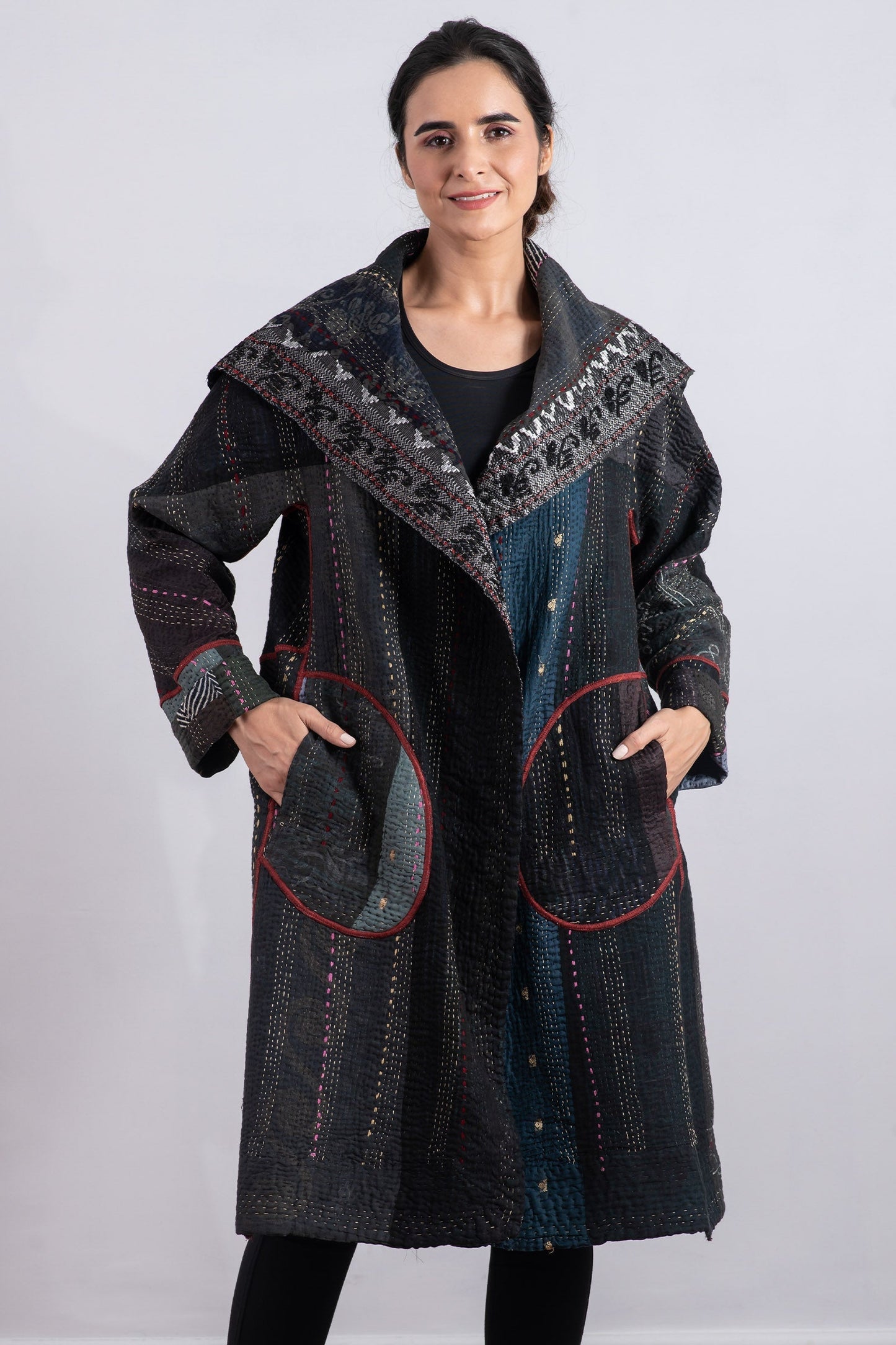 STRIPE RALLIS KANTHA A-LINE COAT - pr4309-blk -