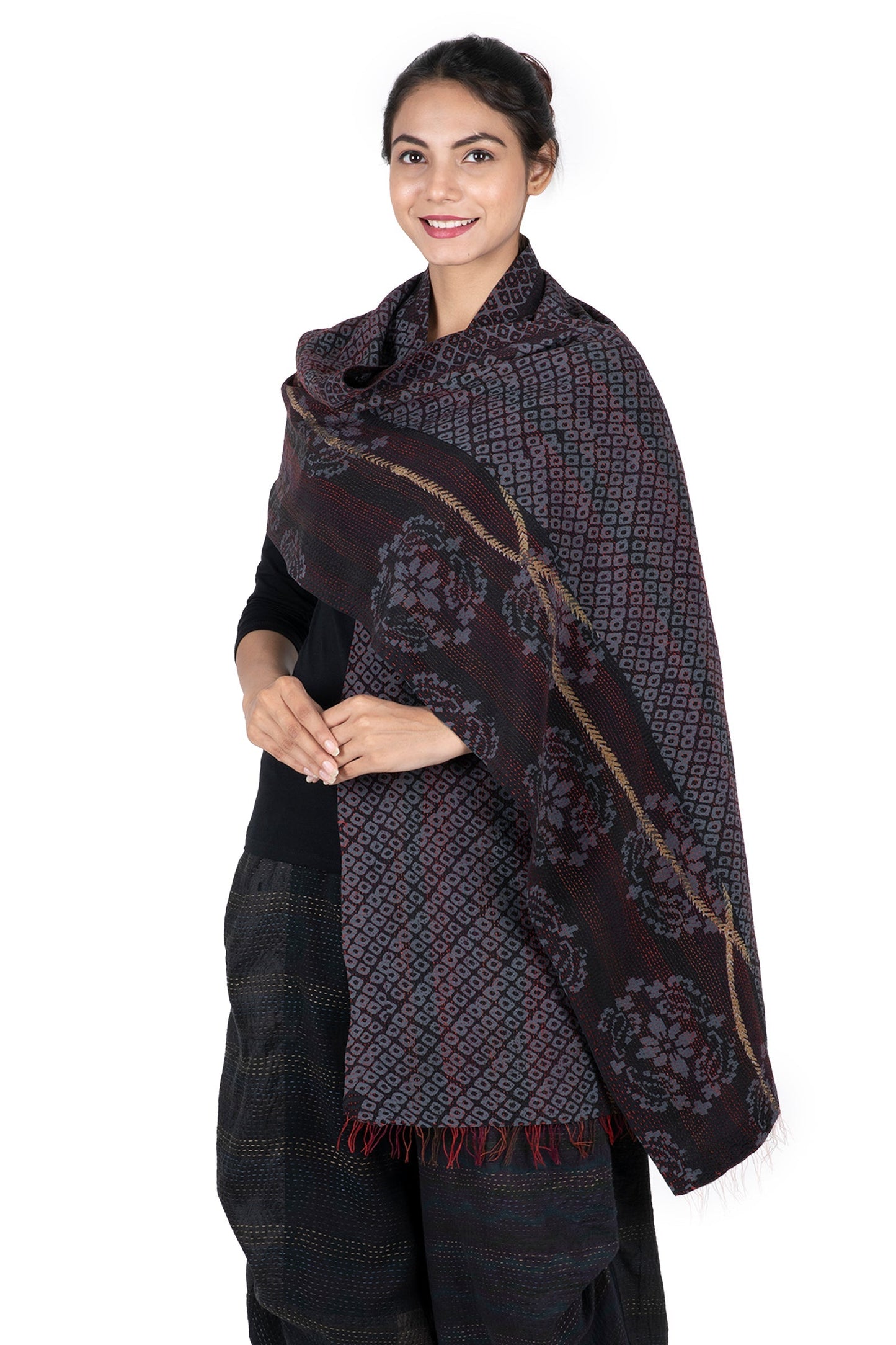 KIMONO PRINT KANTHA SCARF STANDARD - kp2801-blk -