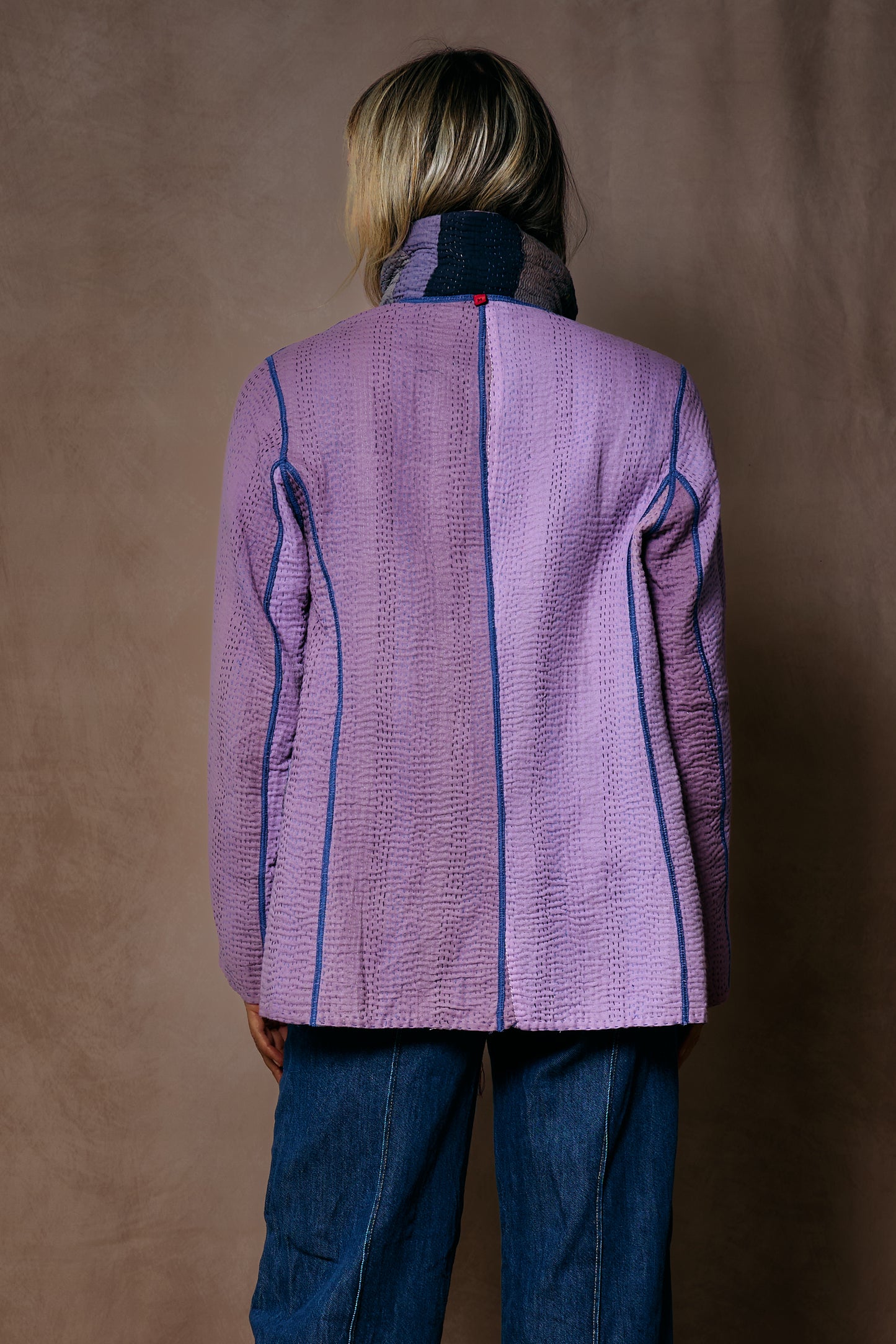 COTTON STRIPE PATCH KANTHA BASIC JACKET - cs4052-prp -