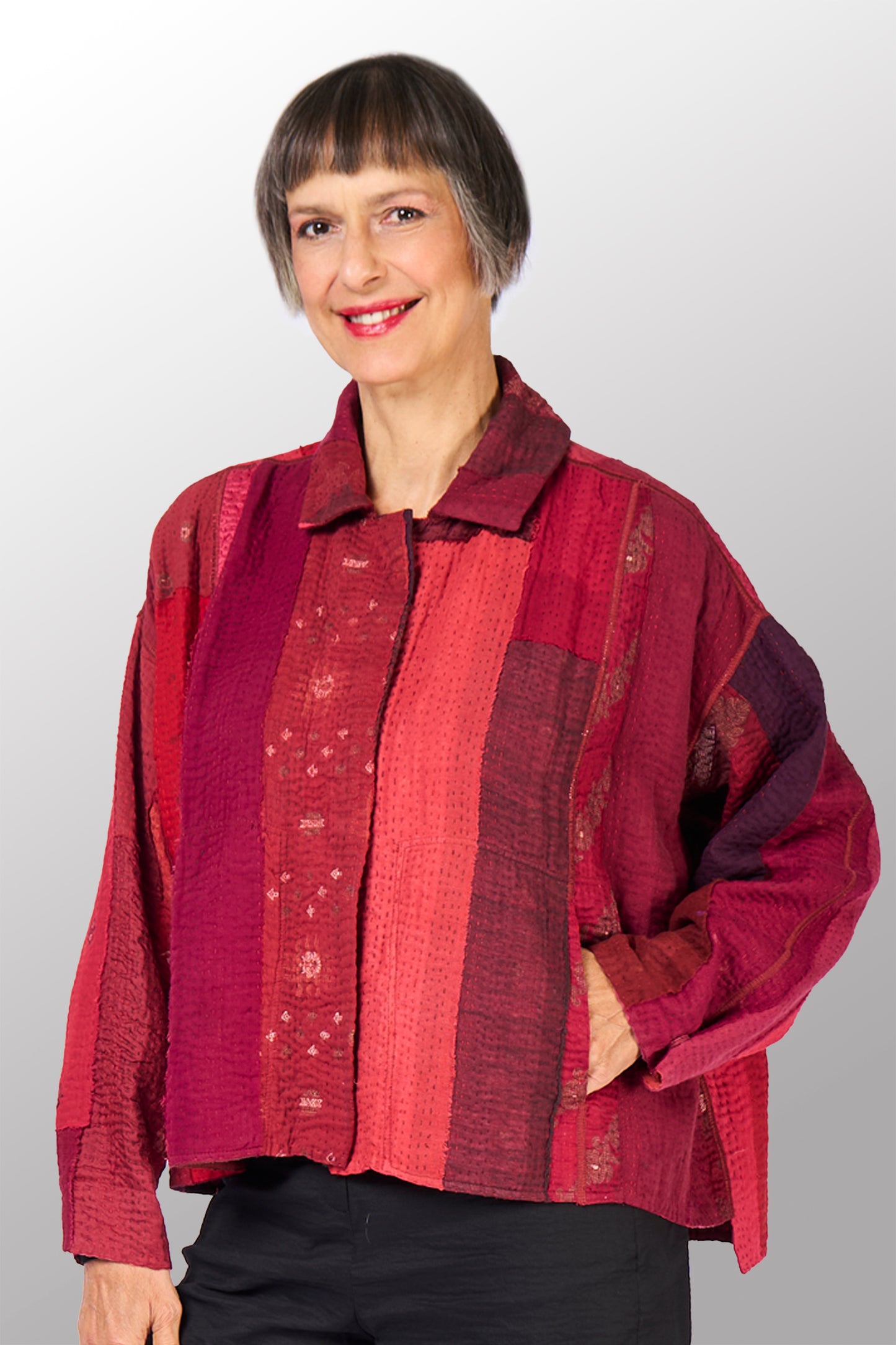 STRIPE AND CHECK COTTON SILK PATCH KANTHA CROPPED SHIRT JACKET - ss4075-red -