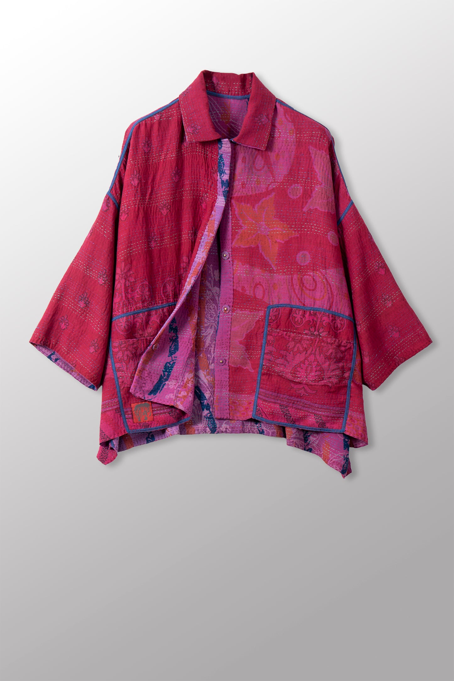 VINTAGE SILK GEORGETTE COTTON KANTHA CROPPED TENT SHIRT - gc2596-0001a -