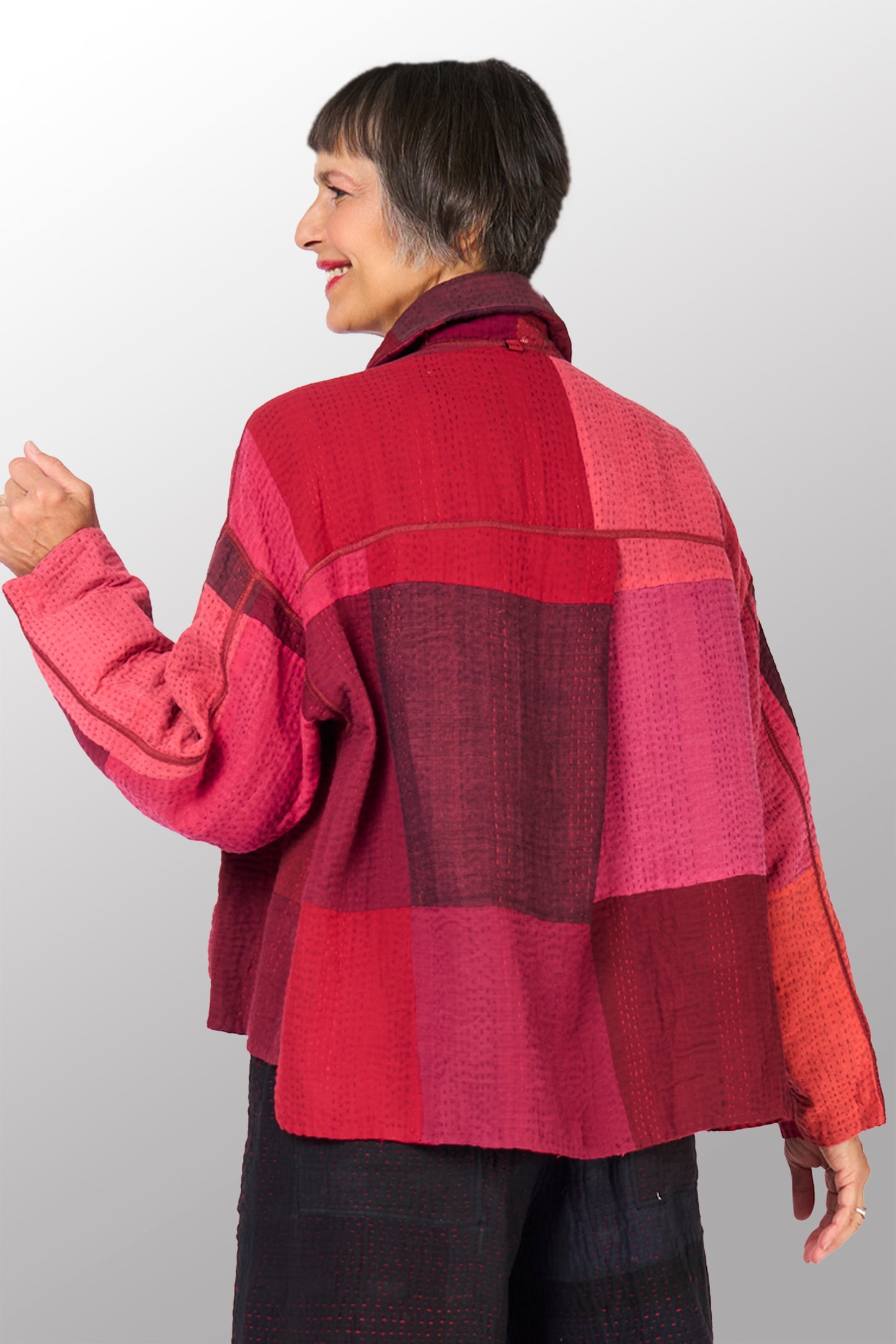 STRIPE AND CHECK COTTON SILK PATCH KANTHA CROPPED SHIRT JACKET - ss4075-red -