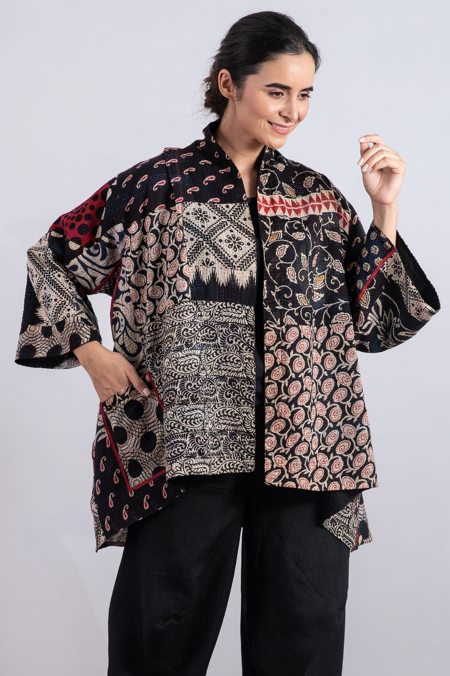 PATCH & CIRCLE PRINT KANTHA KIMONO JKT - pc2004-blk -