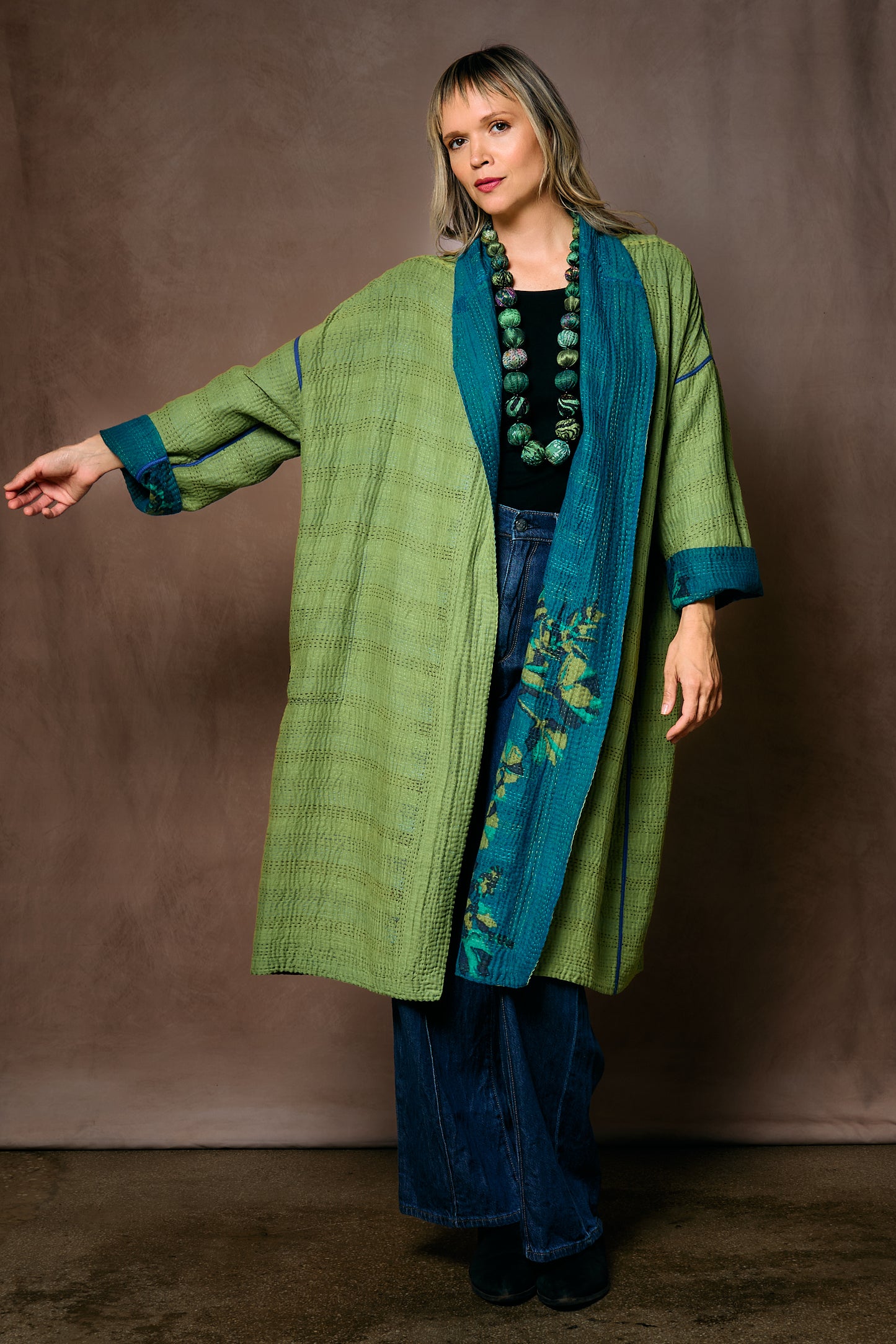 BLOOMING FLOWERS KANTHA SIMPLE ROBE - bf4334-blu -