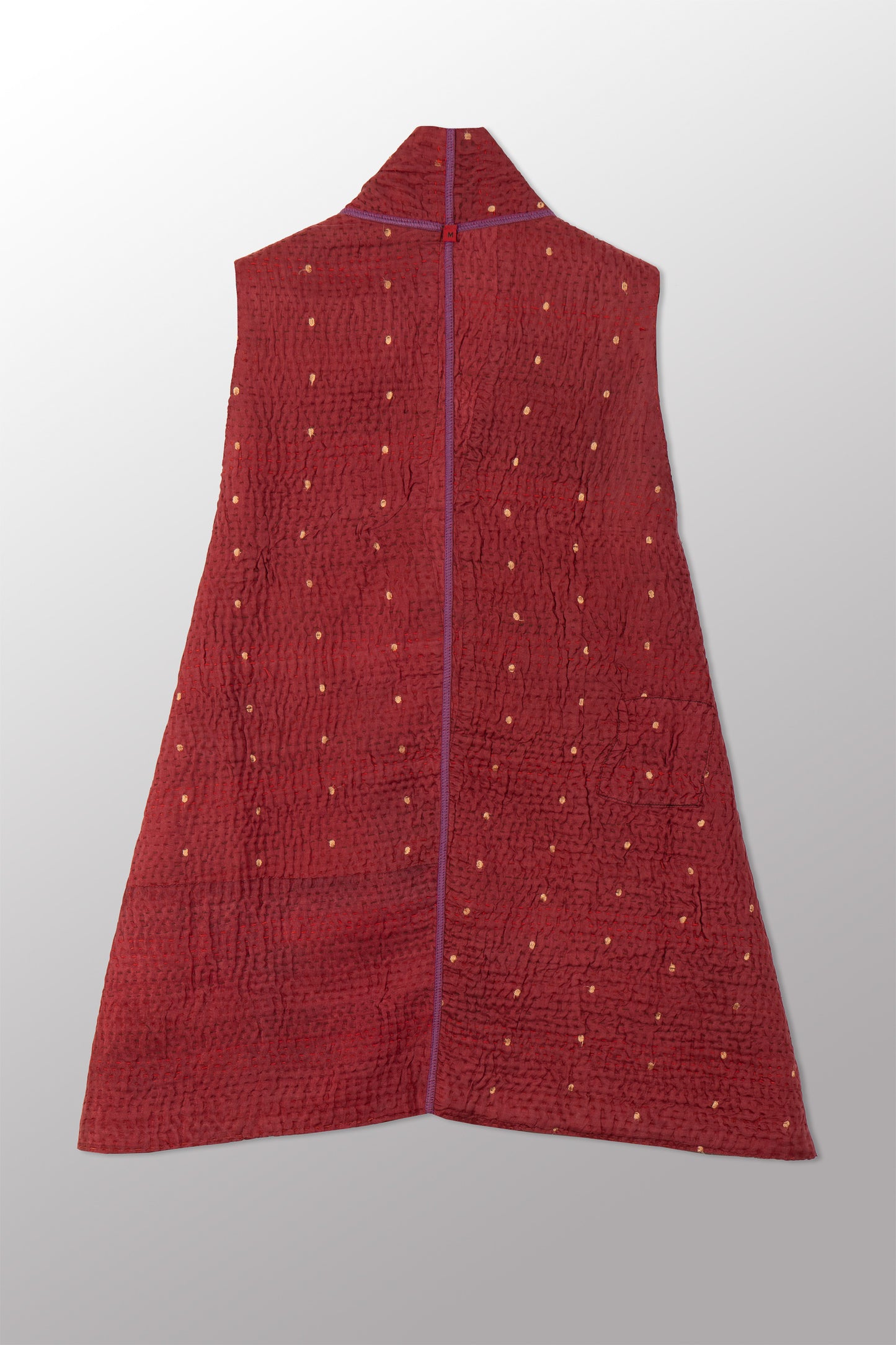 GEORGETTE JACQUARD VINTAGE SILK PATCH KANTHA KIMONO VEST SHORT - gj4248-red -