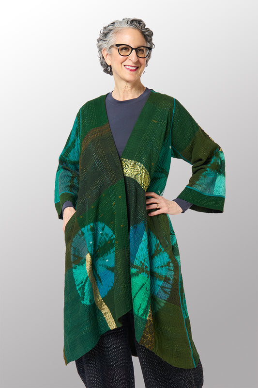 COTTON SILK SW PATCH KANTHA WRAP FLARE COAT - st-ws4330-grn -