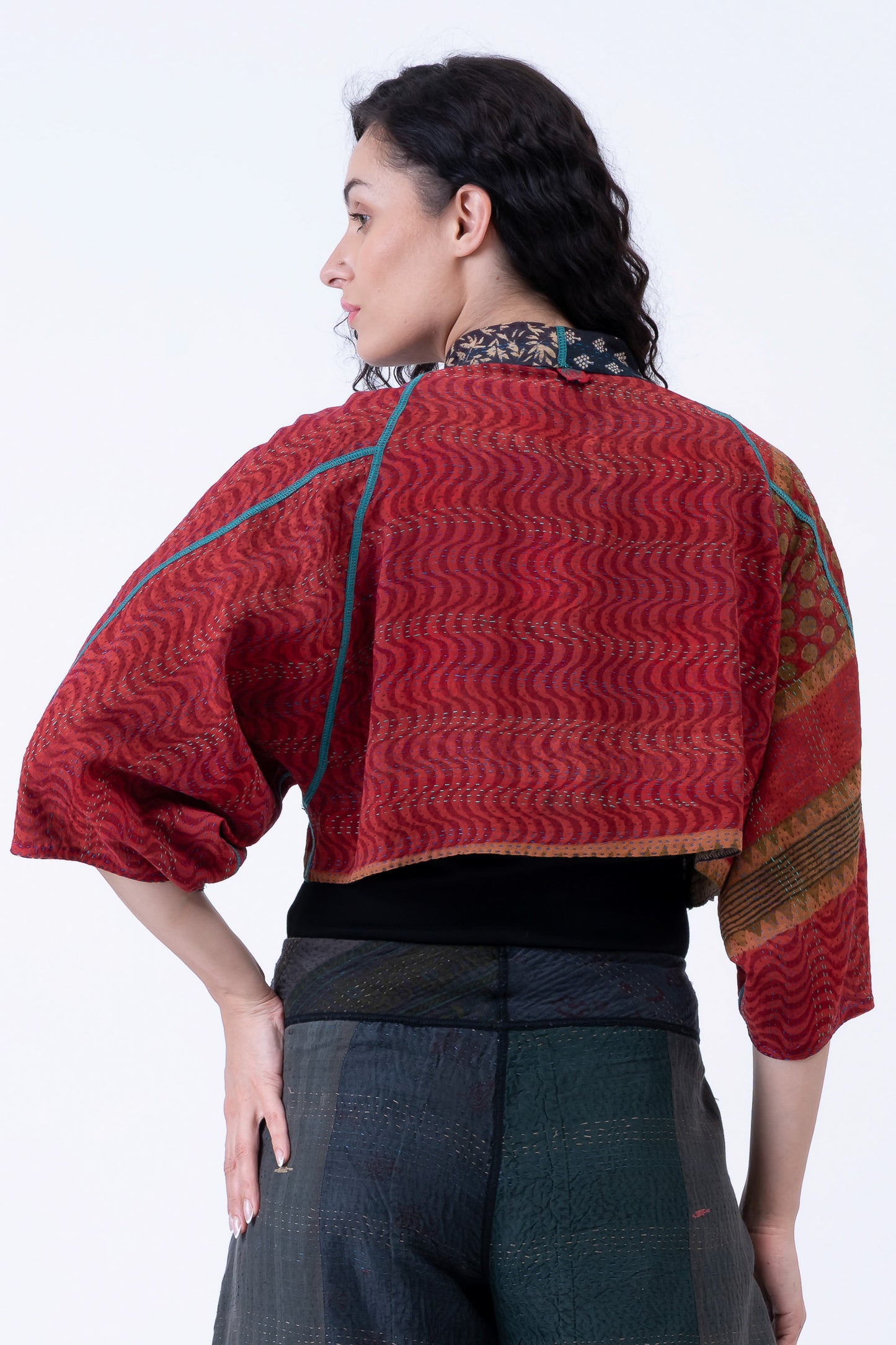 VINTAGE SILK GEORGETTE COTTON KANTHA PUFF SLV. SHRUG - gc2062-0007a -