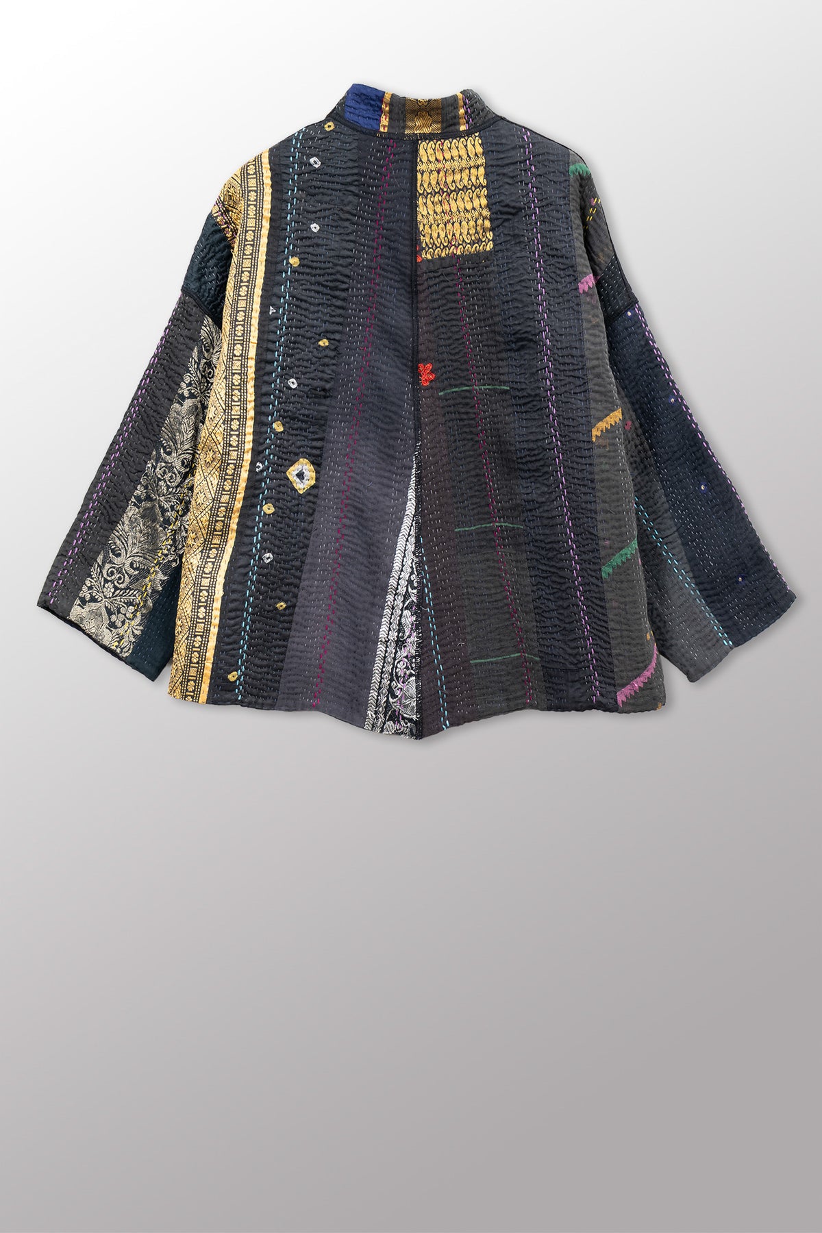 JEWEL WOVEN WITH VERTICAL PATCH KANTHA STAND COLLAR CROPPED JACKET - jv4034-blk -