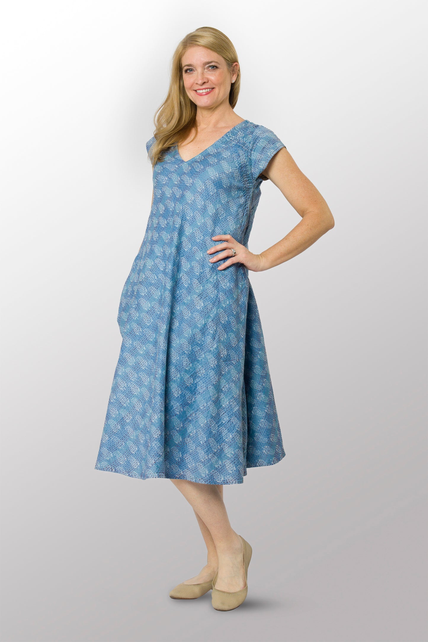 VINTAGE COTTON KANTHA CAP SLV. FLARE DRESS - cv2425-0011s -