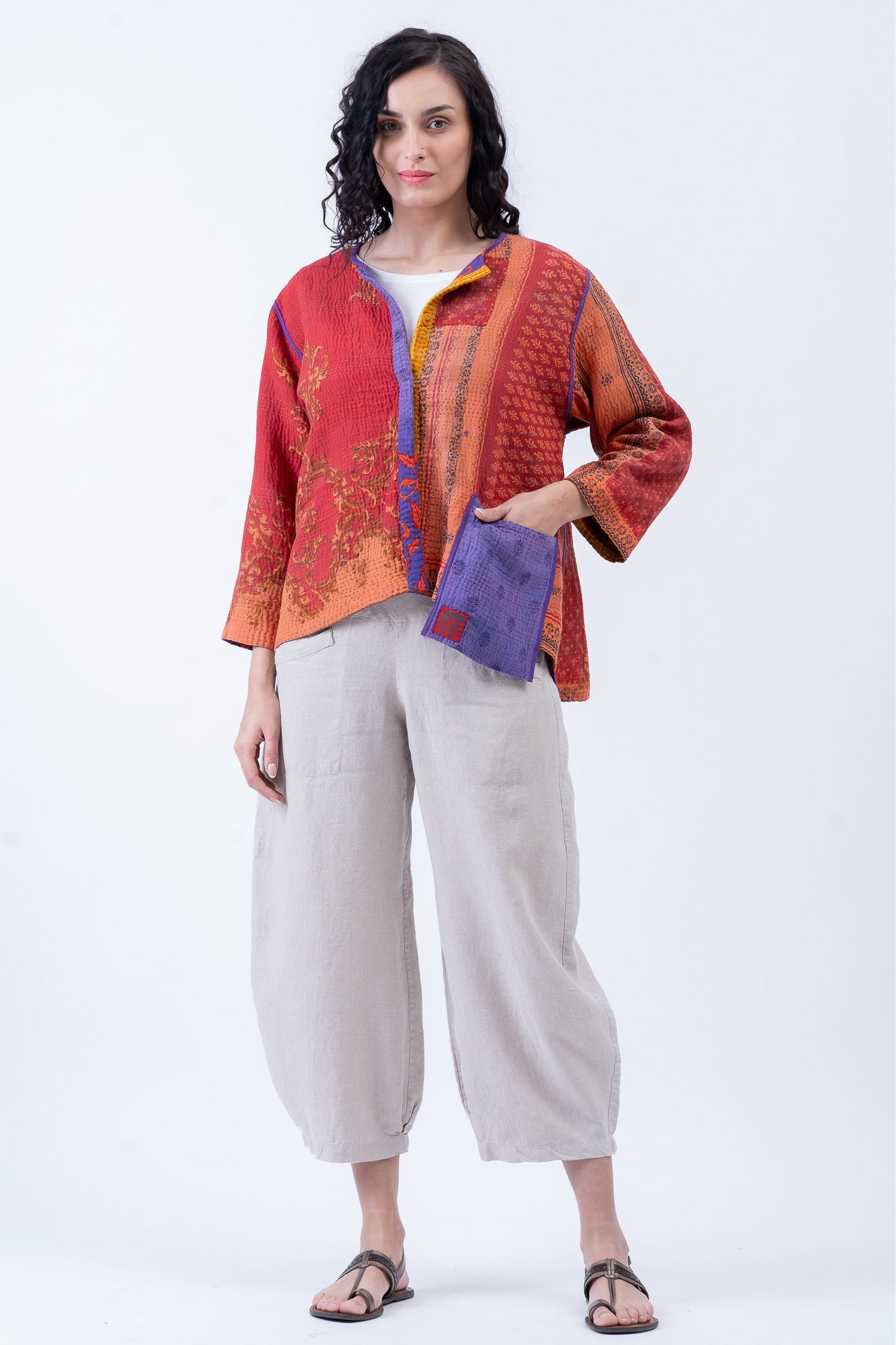 VINTAGE COTTON KANTHA A-LINE SHORT JKT - cv4019-0020a -